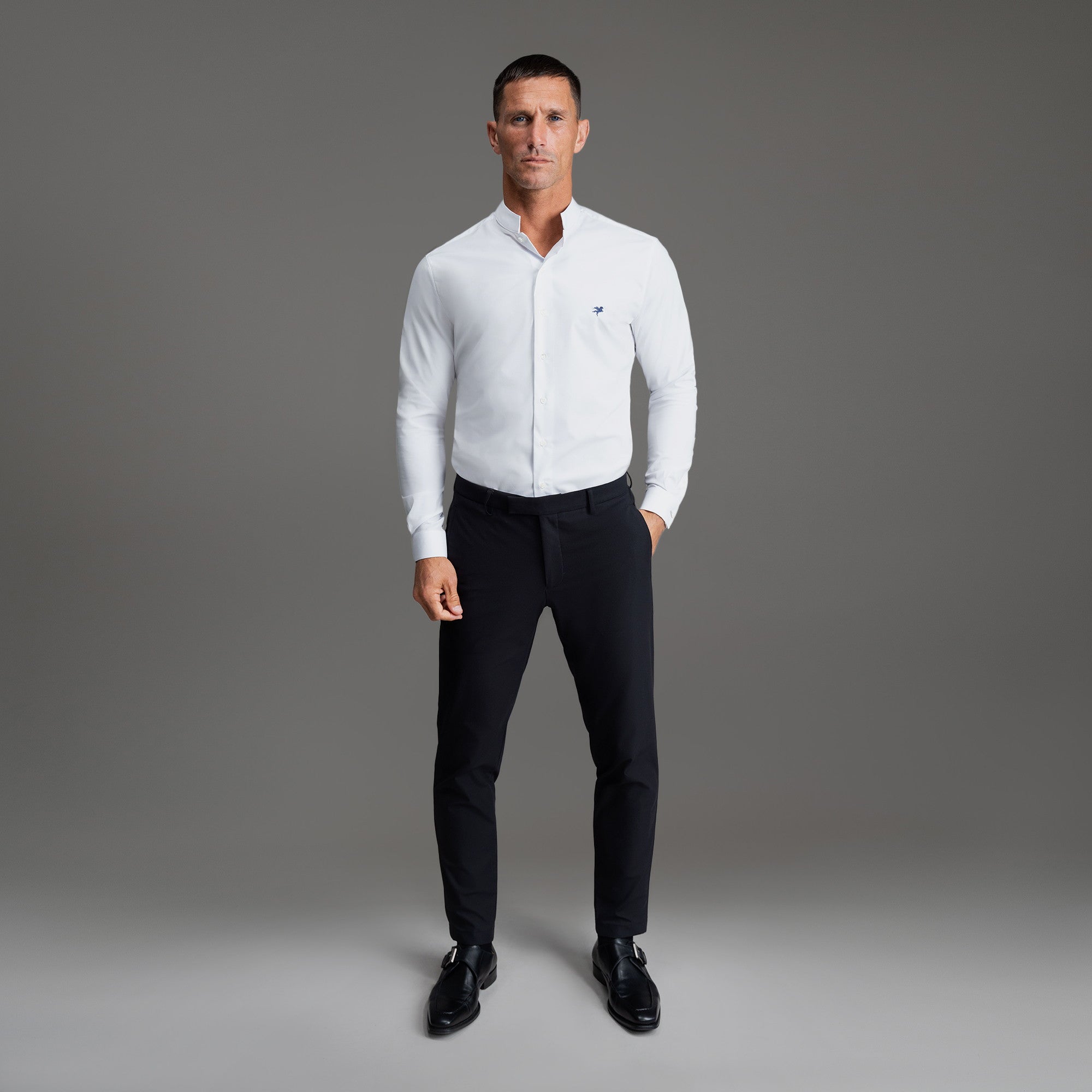 Custom Bespoke Tailored Dorsey Shirt model Tyler in White Emblem