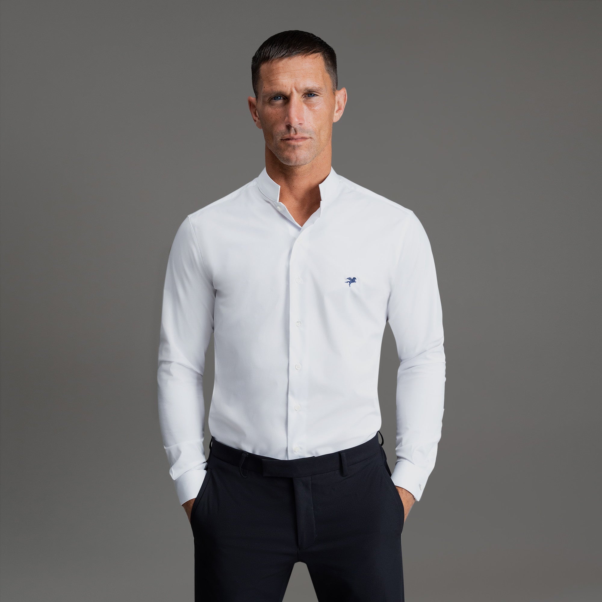 Custom Bespoke Tailored Dorsey Shirt model Tyler in White Emblem