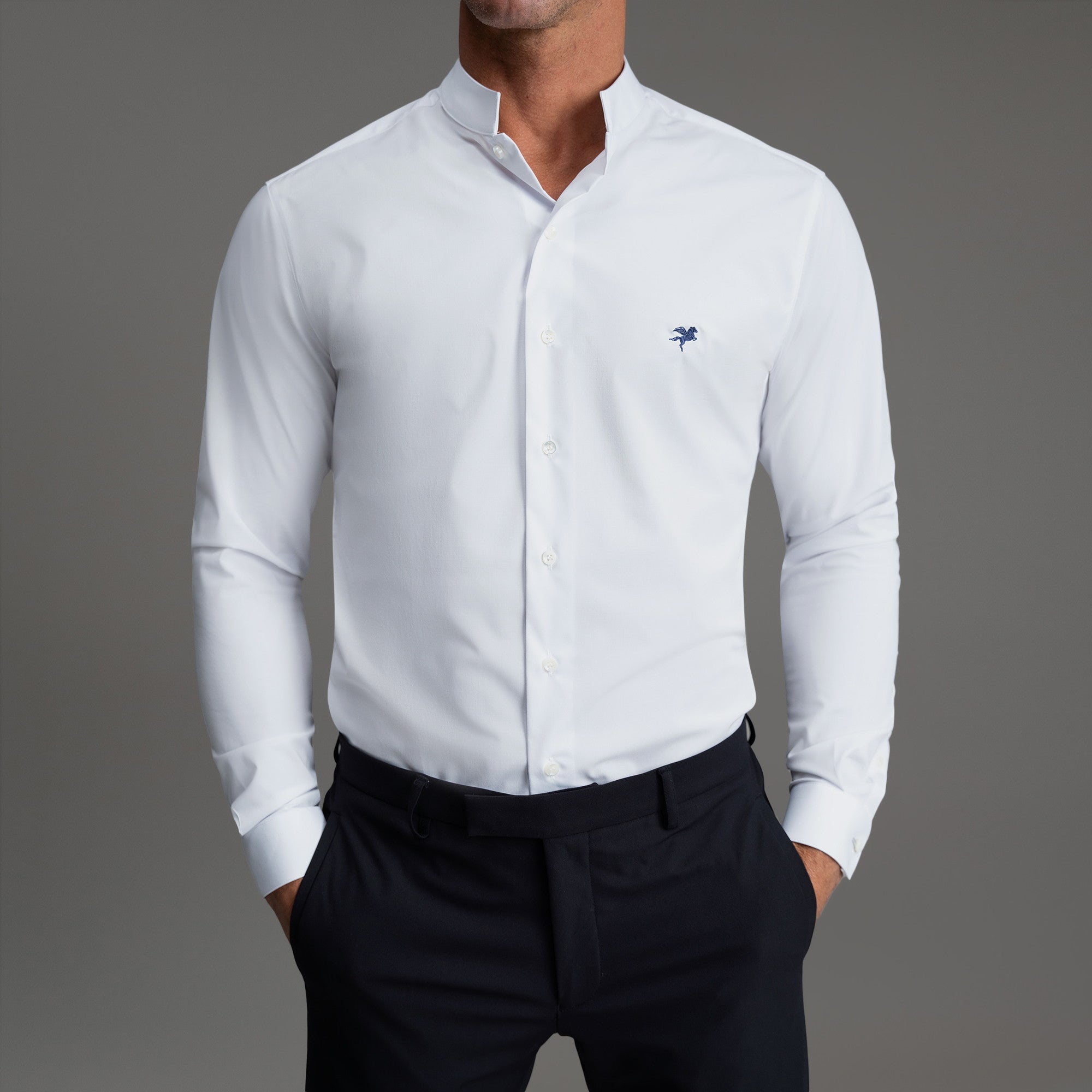 Custom Bespoke Tailored Dorsey Shirt model Tyler in White Emblem