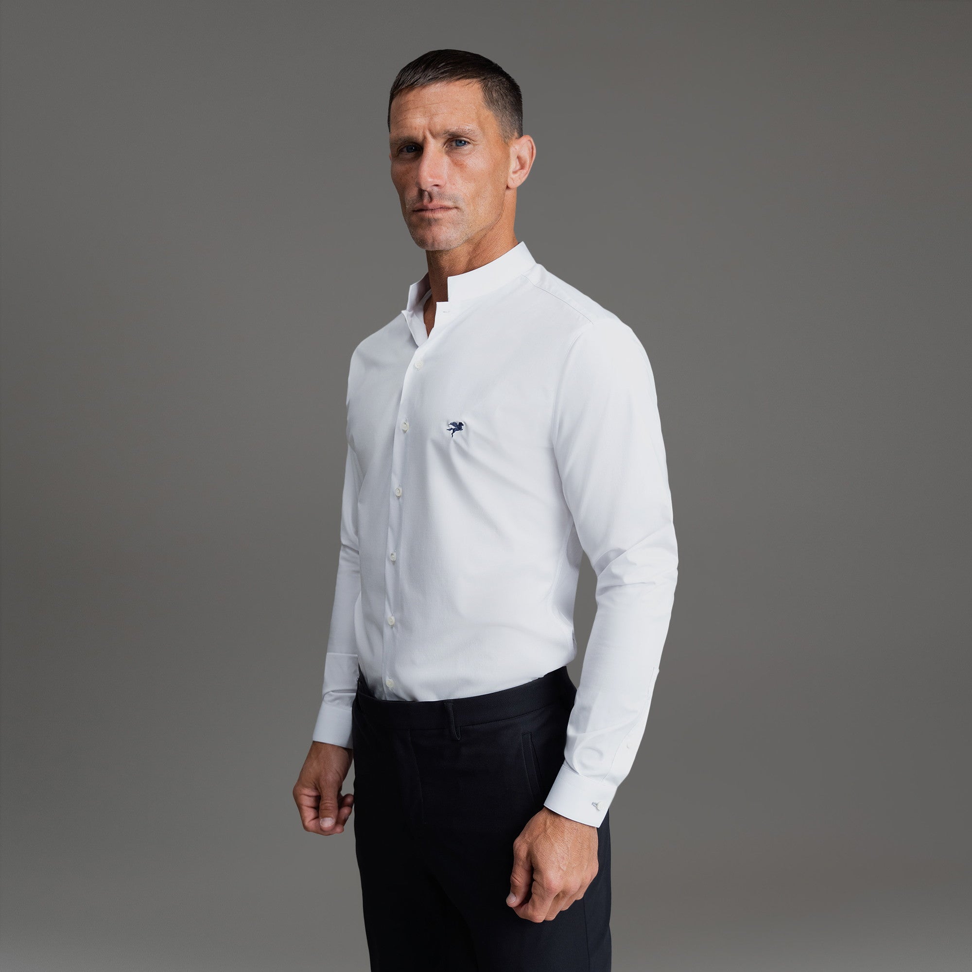 Custom Bespoke Tailored Dorsey Shirt model Tyler in White Emblem