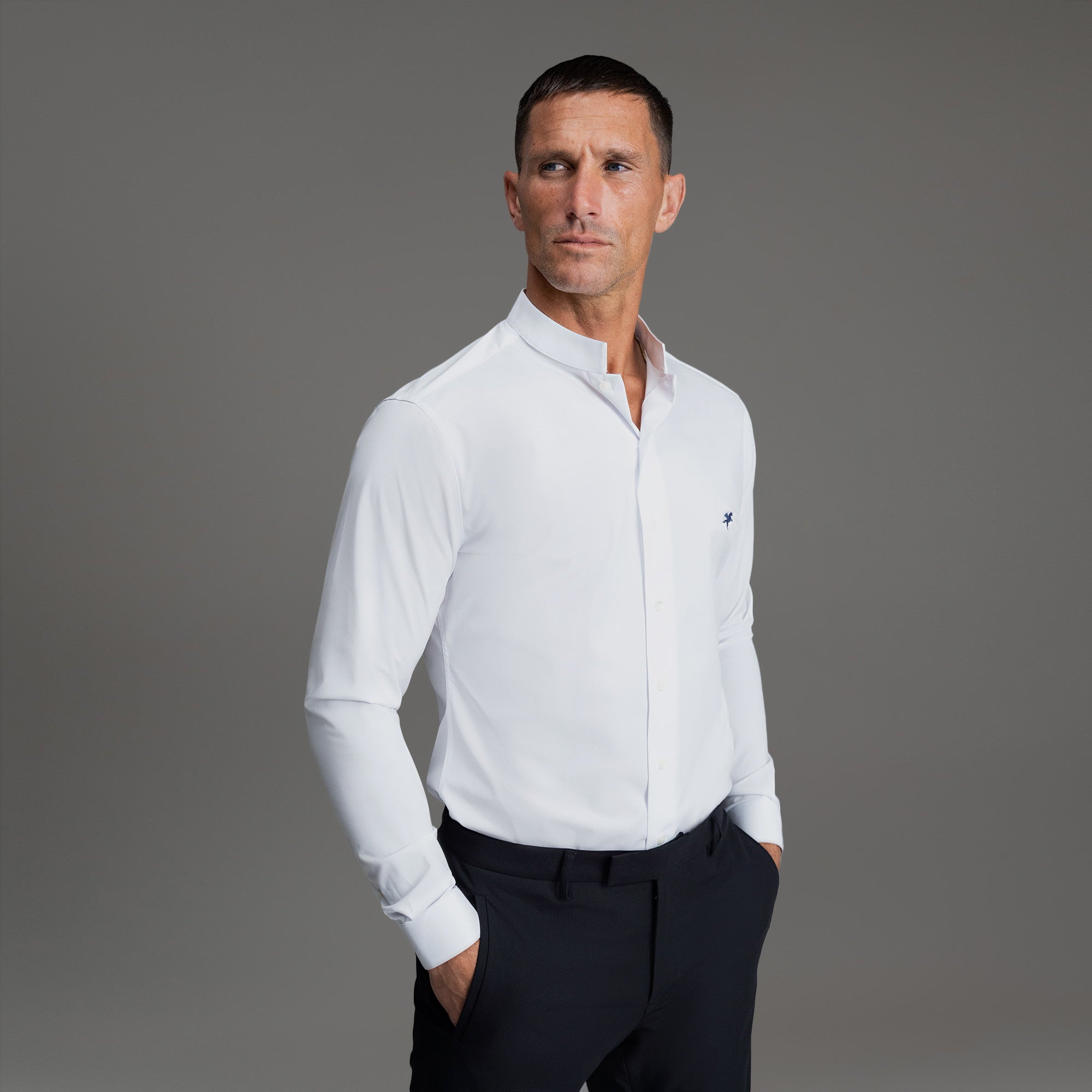 Custom Bespoke Tailored Dorsey Shirt model Tyler in White Emblem