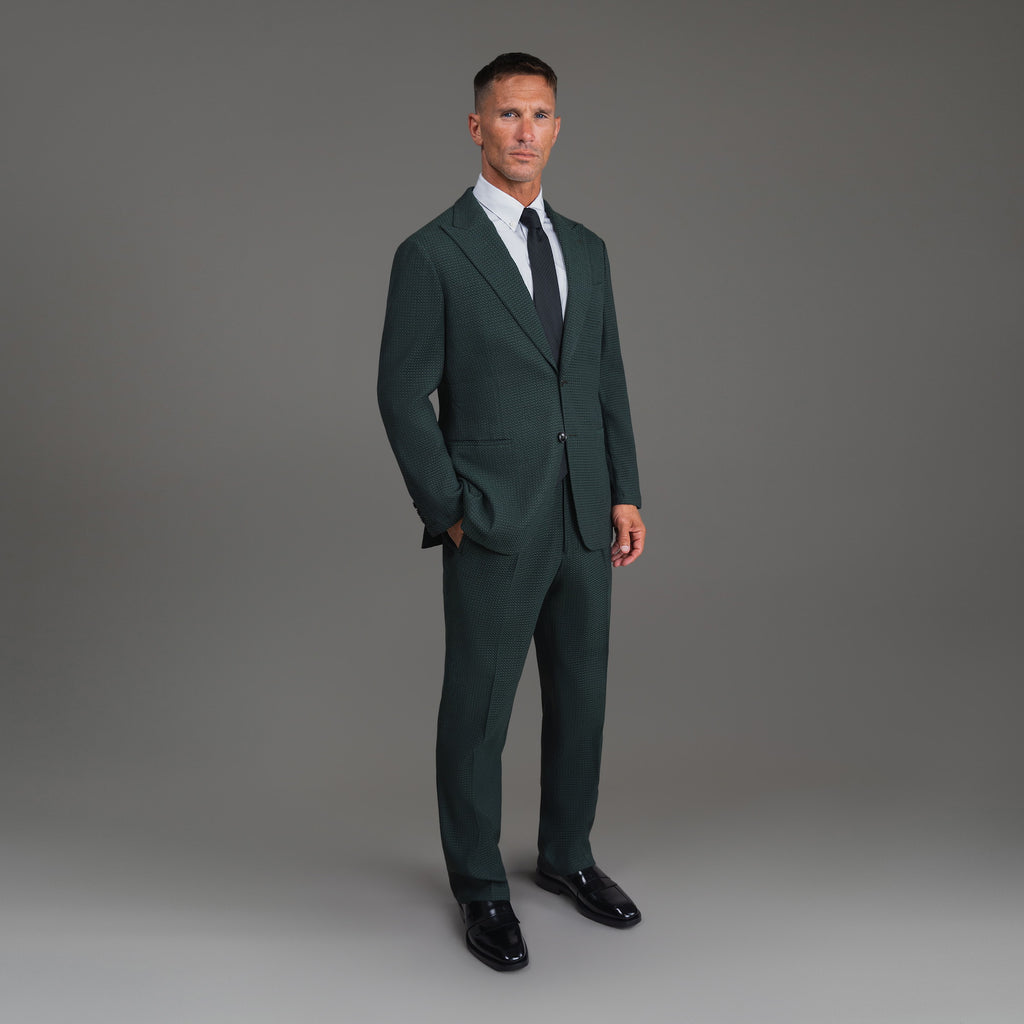 Bespoke custom athleisure technical athletic stretch suit los angeles model Tyler in Moss