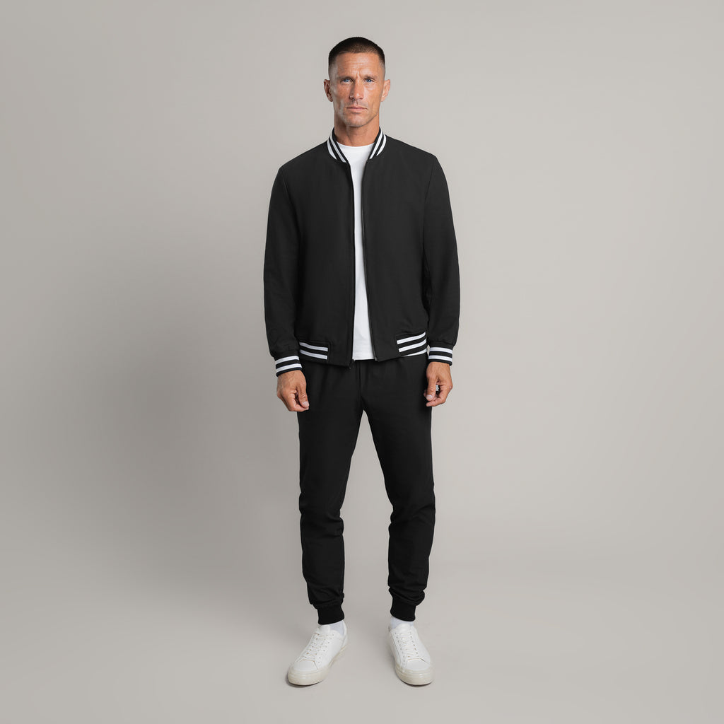 men's custom bomber jacket model Tyler in Varsity Black 