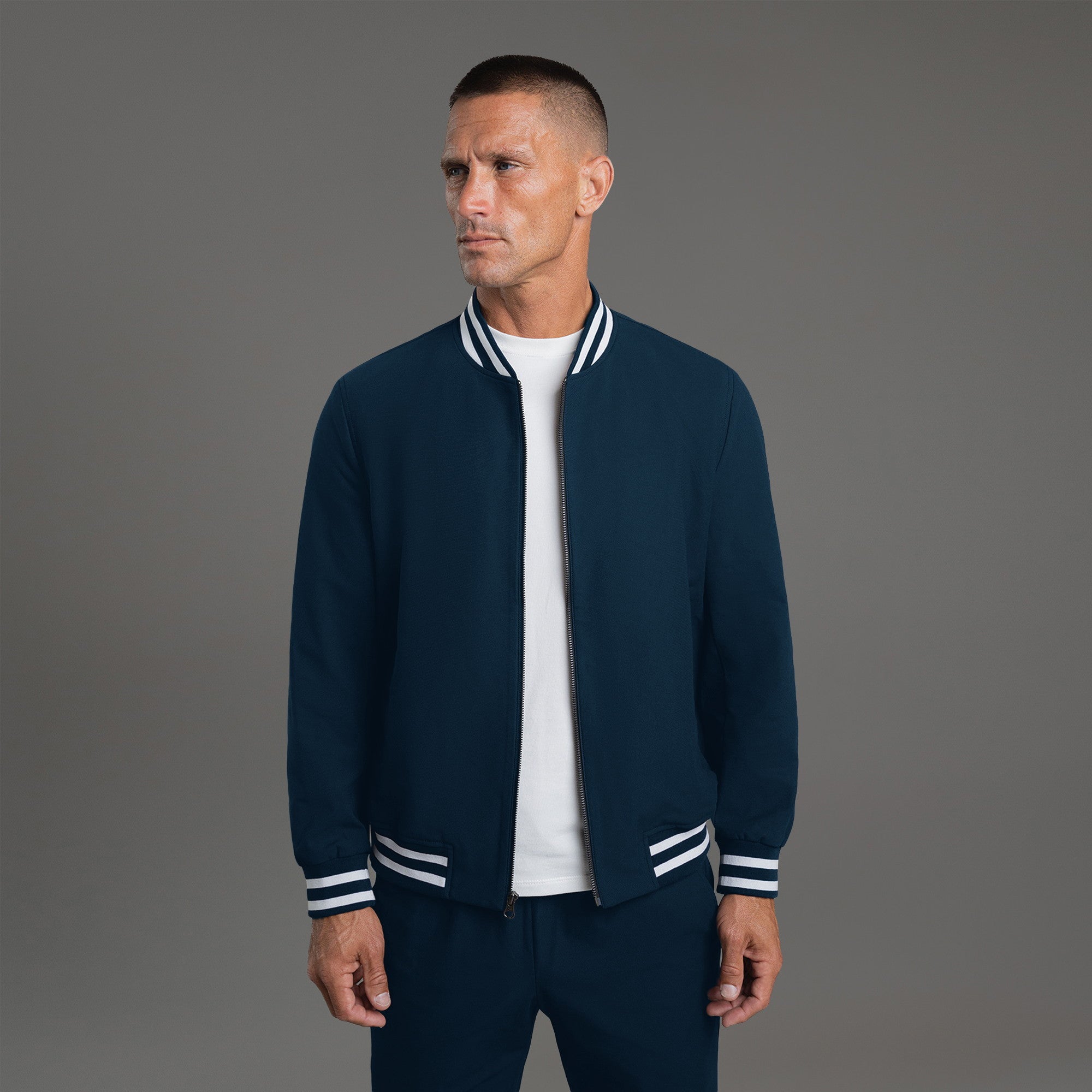 men's custom bomber jacket model Tyler in Varsity Nautical Blue