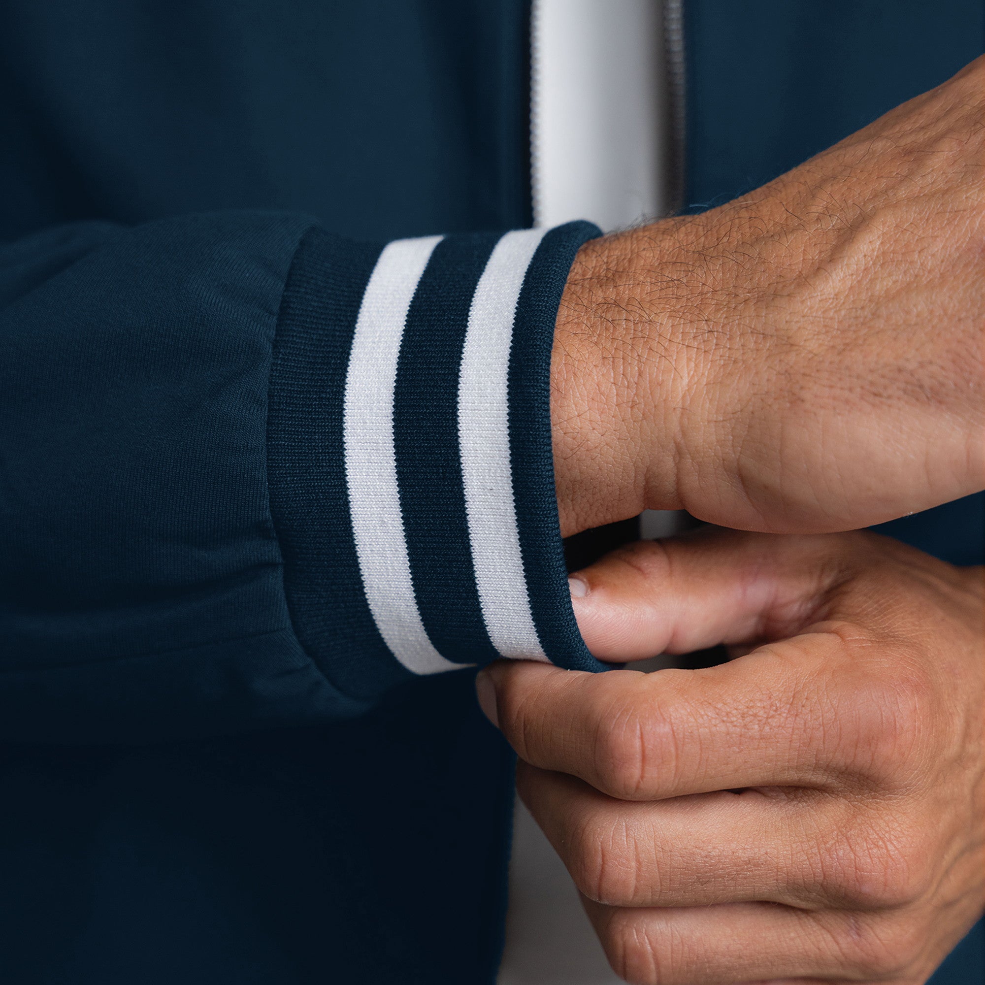 men's custom bomber jacket model Tyler in Varsity Nautical Blue