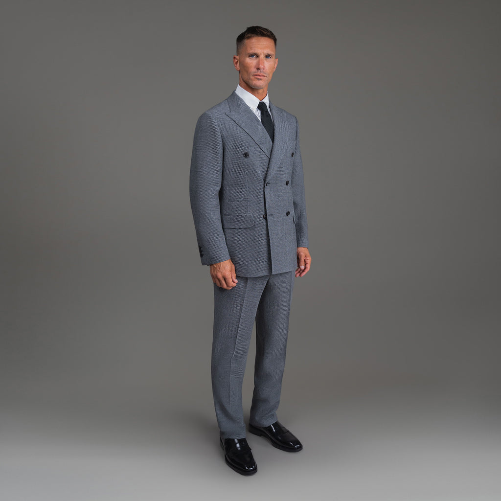 Bespoke custom athleisure technical athletic stretch suit los angeles model Tyler in Silver