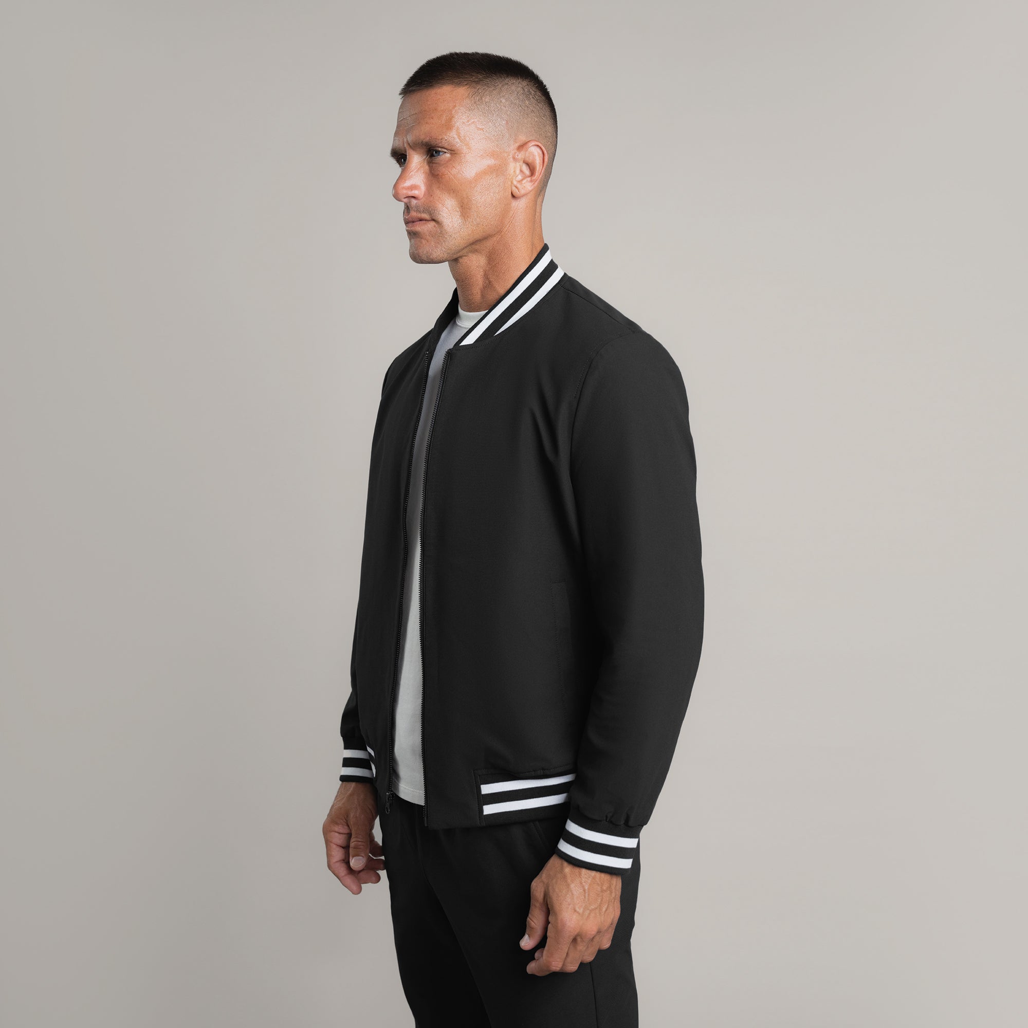 men's custom bomber jacket model Tyler in Varsity Black 