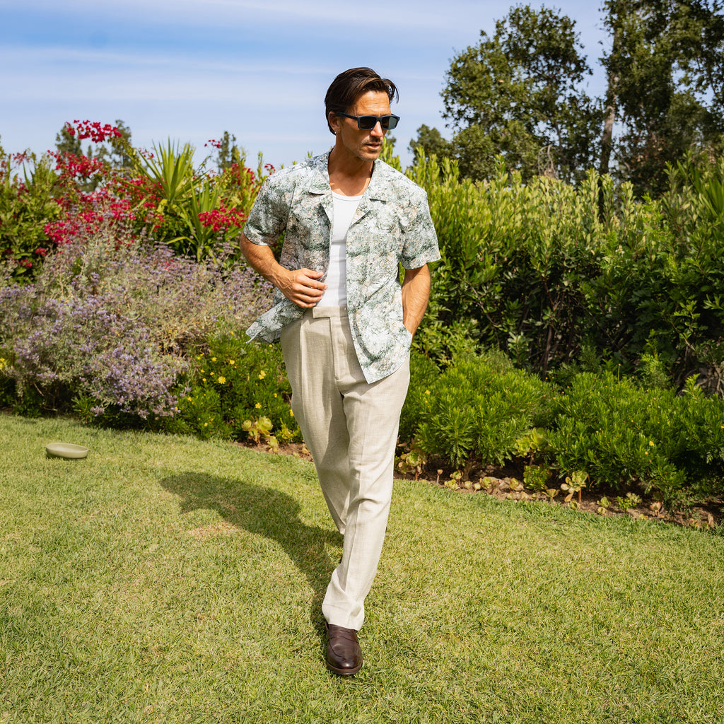 Ford Wool Linen Silk Trousers model tyler in Shoreline