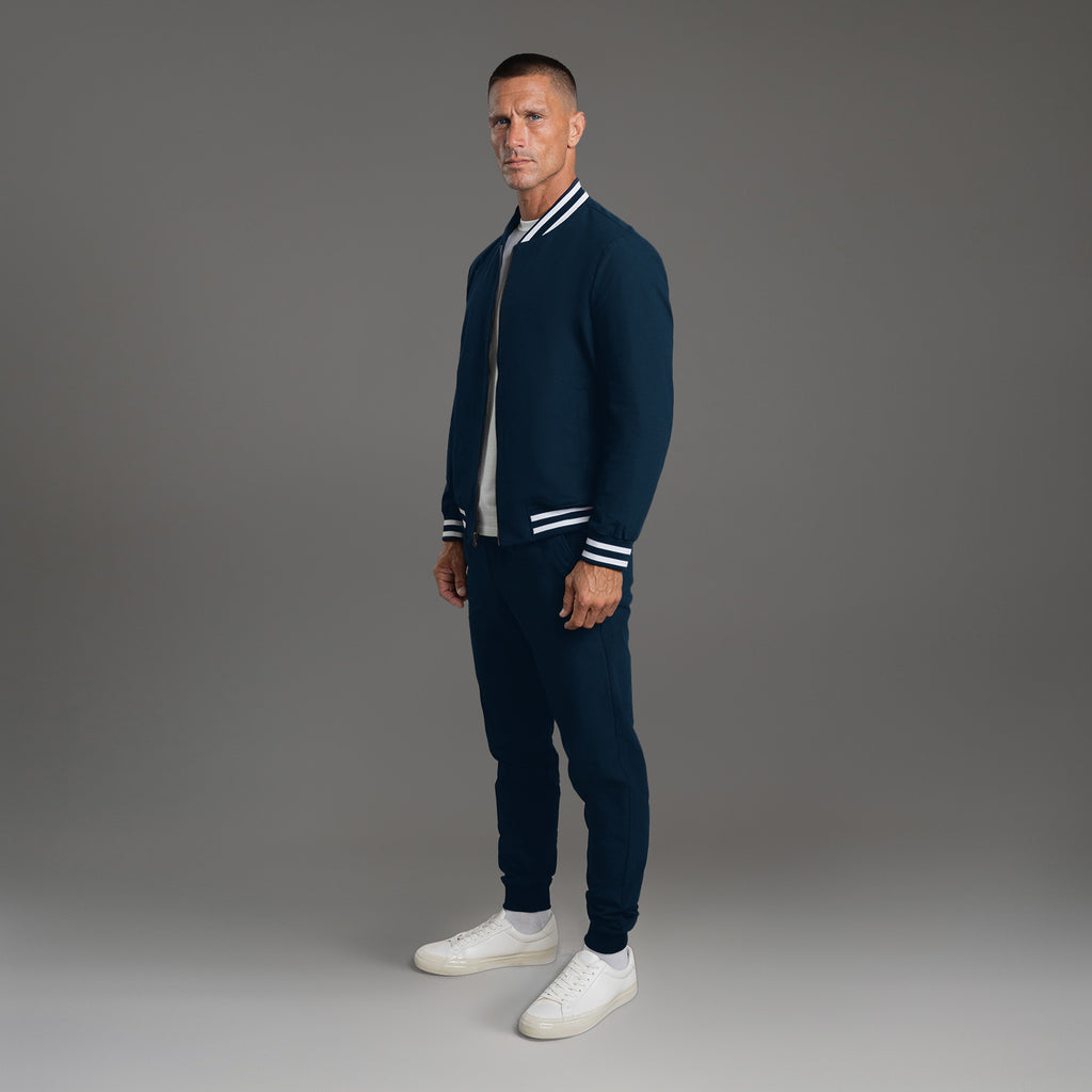 men's custom bomber jacket model Tyler in Varsity Nautical Blue