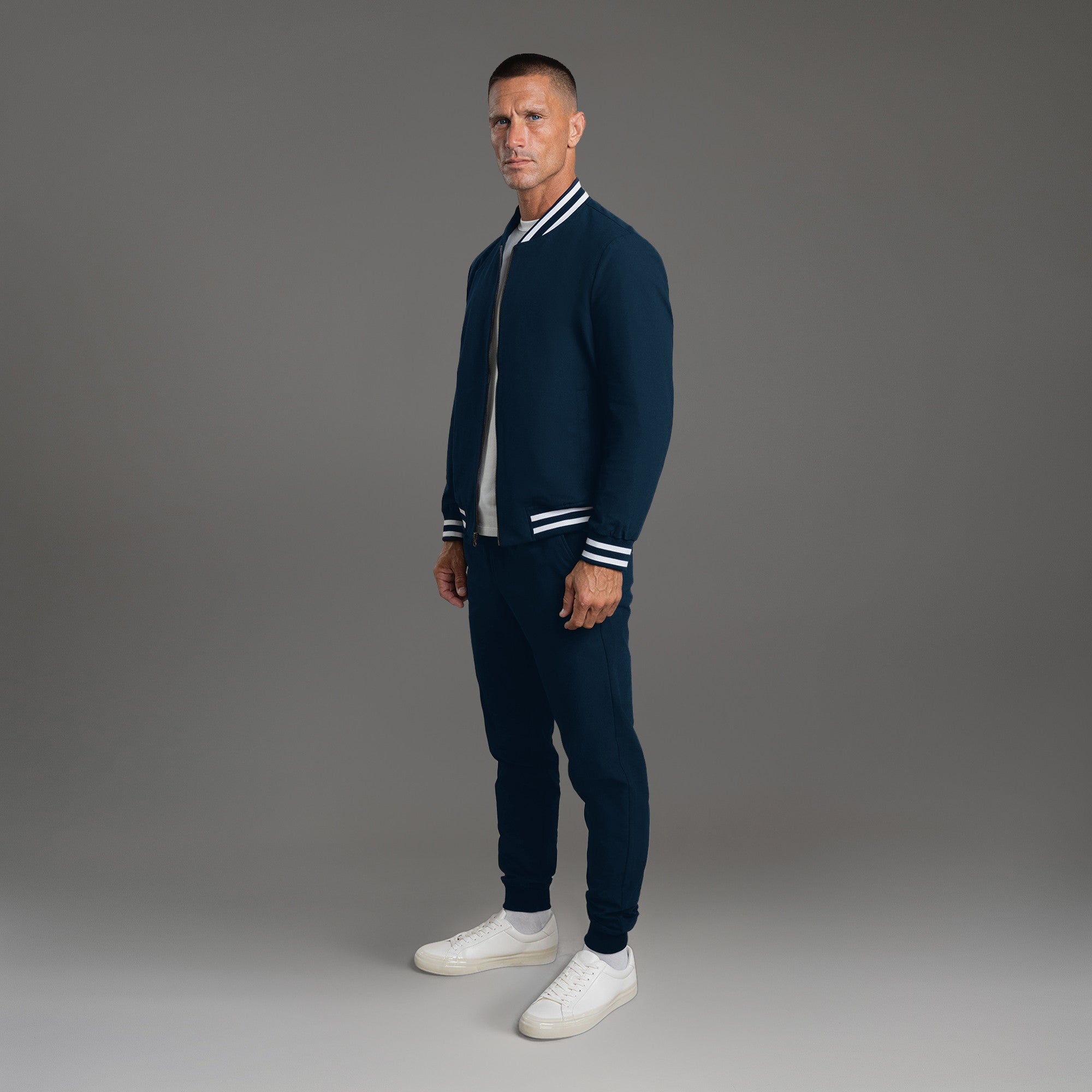 men's custom bomber jacket model Tyler in Varsity Nautical Blue