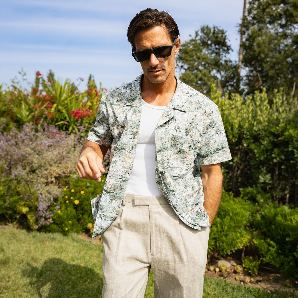 Ford Wool Linen Silk Trousers model tyler in Shoreline