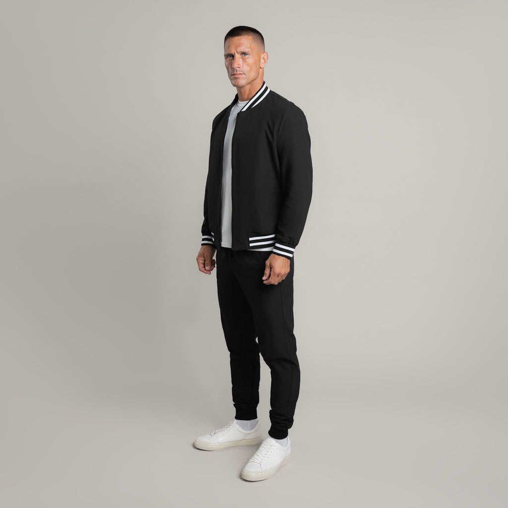 men's custom bomber jacket model Tyler in Varsity Black 