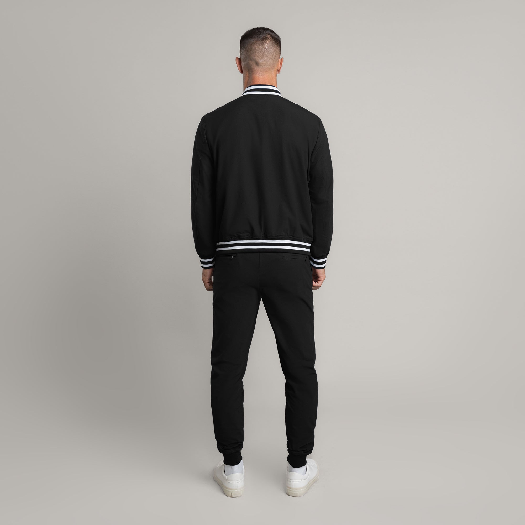 men's custom bomber jacket model Tyler in Varsity Black 