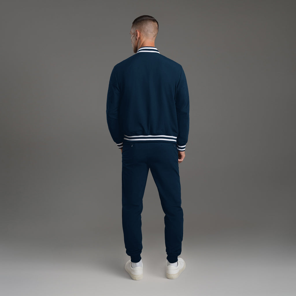 men's custom bomber jacket model Tyler in Varsity Nautical Blue