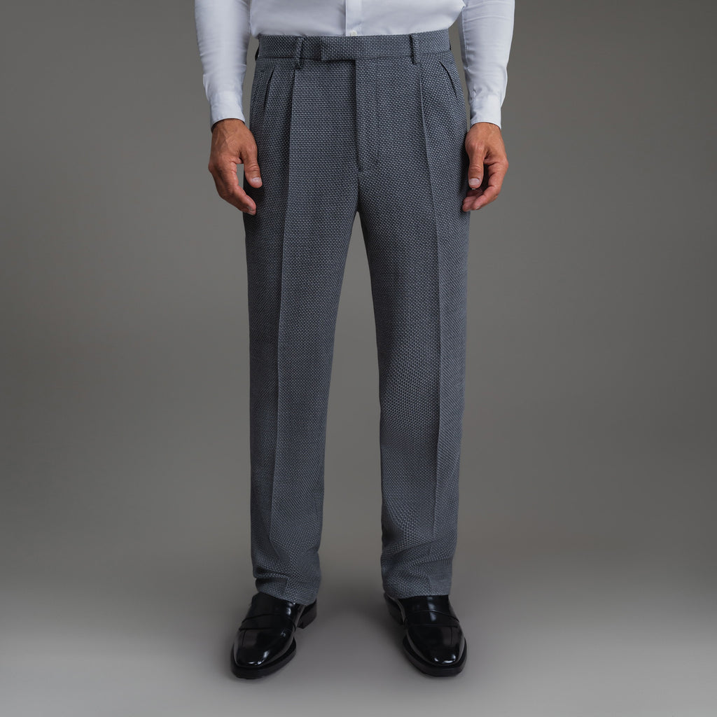 Bespoke custom athleisure technical athletic stretch suit los angeles model Tyler in Silver
