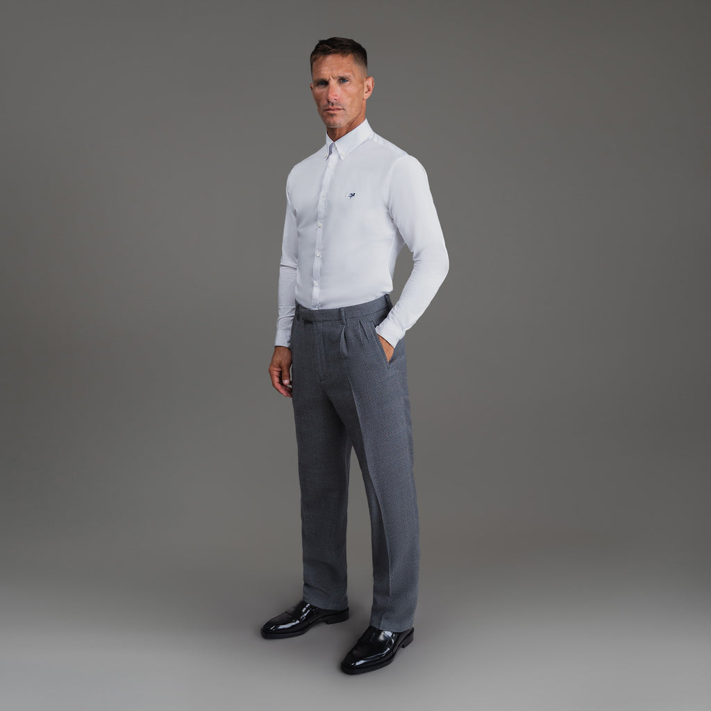 Bespoke custom athleisure technical athletic stretch suit los angeles model Tyler in Silver