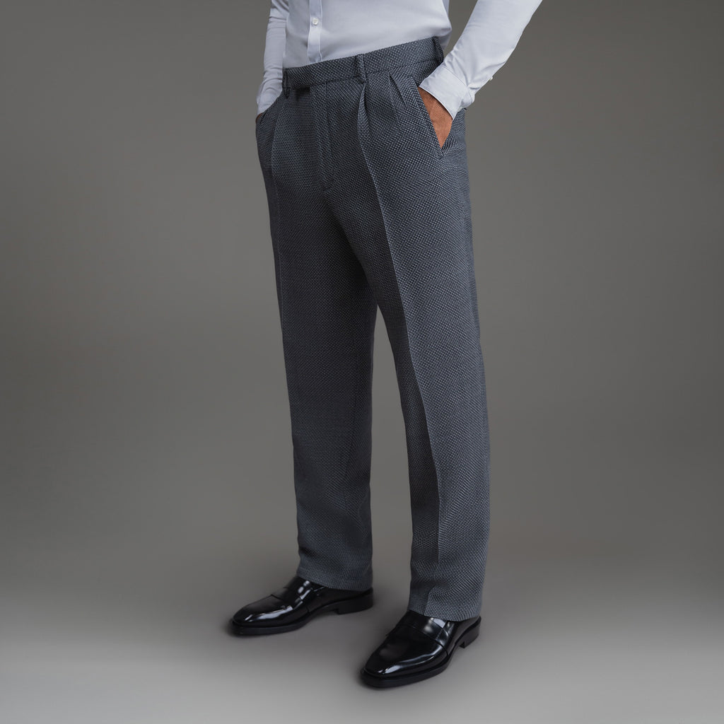 Bespoke custom athleisure technical athletic stretch suit los angeles model Tyler in Silver