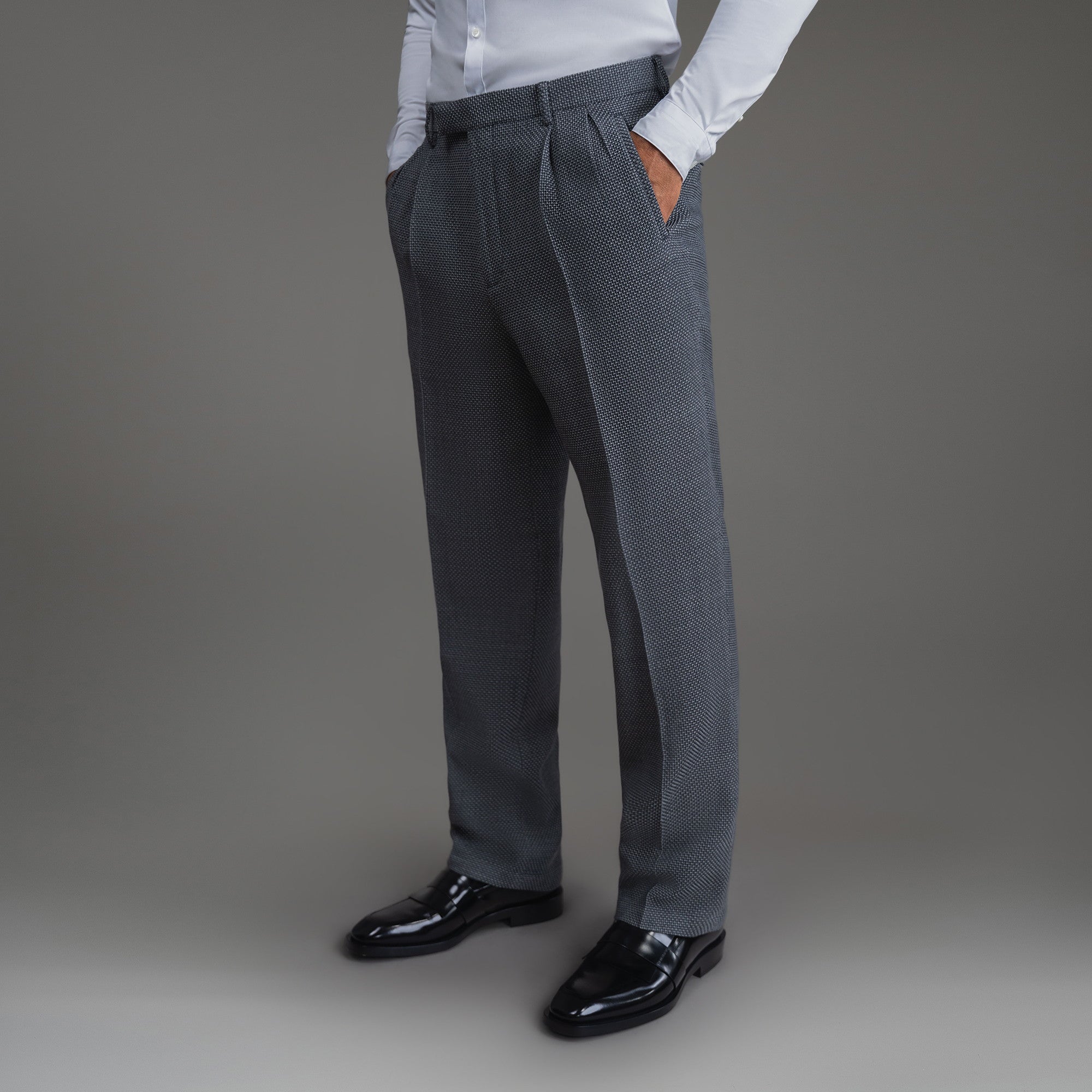 Bespoke custom athleisure technical athletic stretch suit los angeles model Tyler in Silver