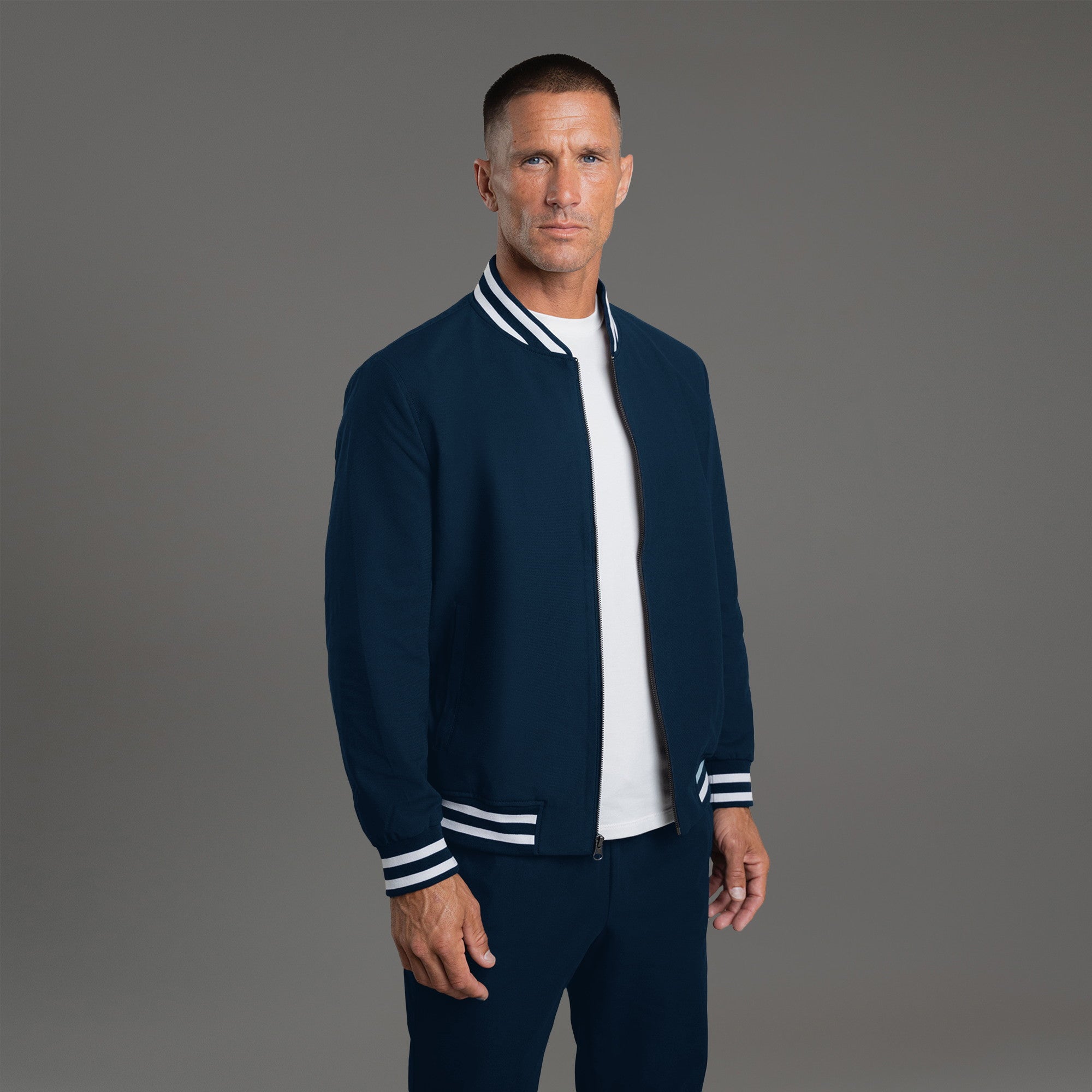 men's custom bomber jacket model Tyler in Varsity Nautical Blue