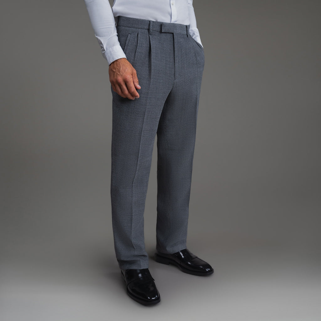 Bespoke custom athleisure technical athletic stretch suit los angeles model Tyler in Silver