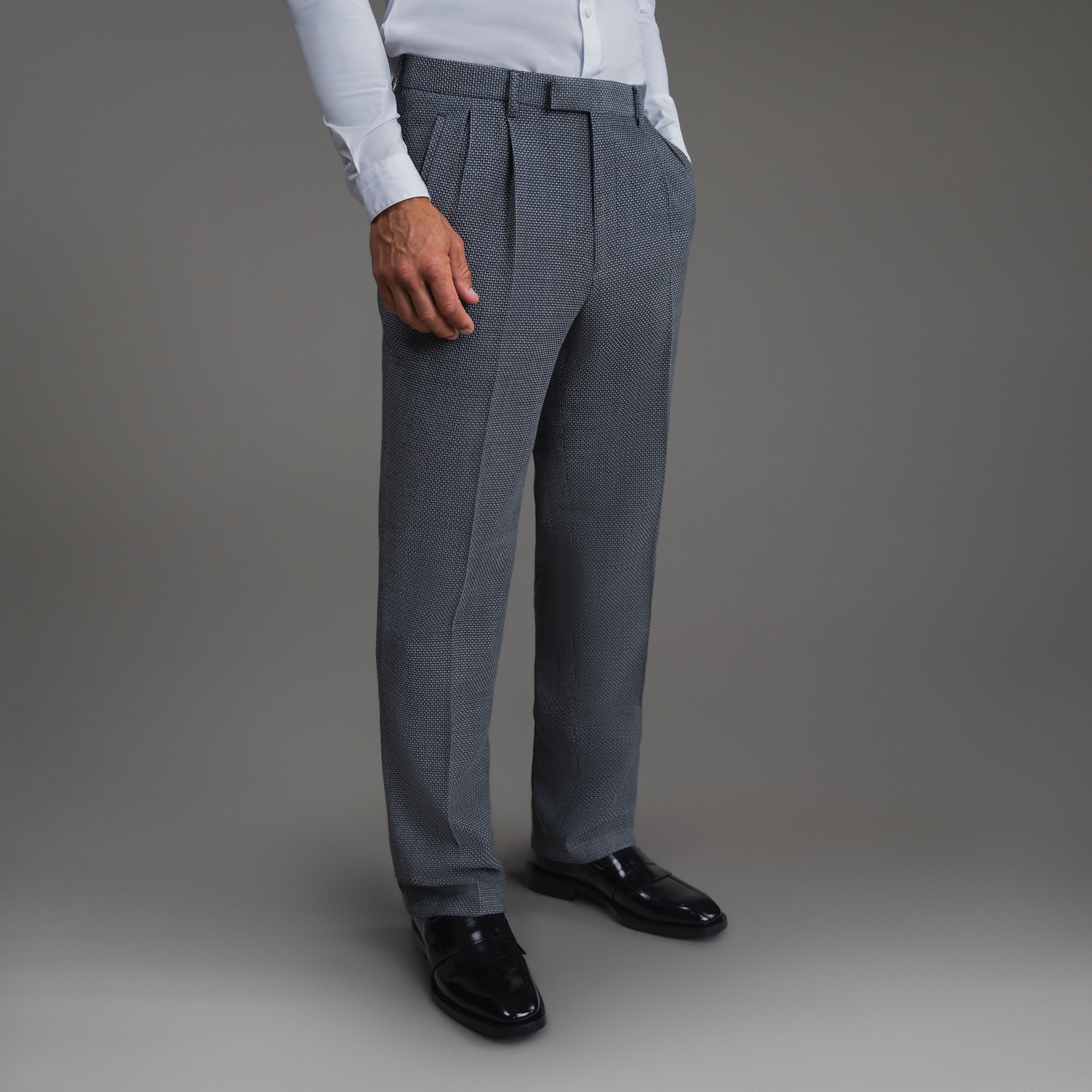 Bespoke custom athleisure technical athletic stretch suit los angeles model Tyler in Silver