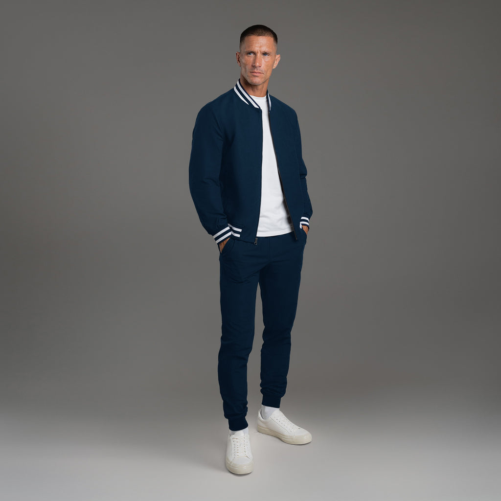 men's custom bomber jacket model Tyler in Varsity Nautical Blue