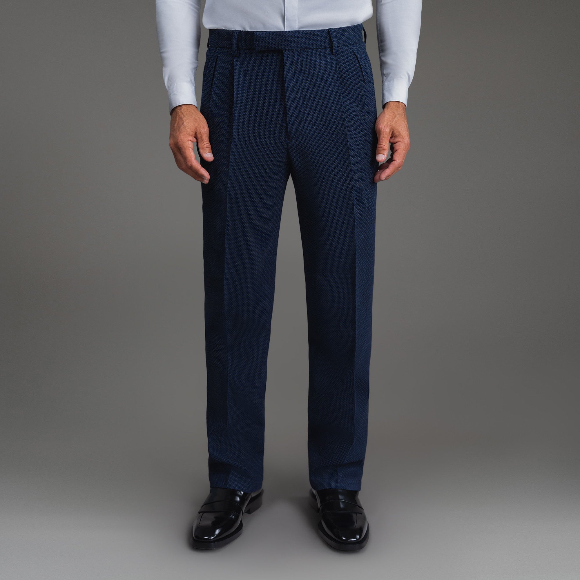 Bespoke custom athleisure technical athletic stretch suit los angeles model Tyler in Navy