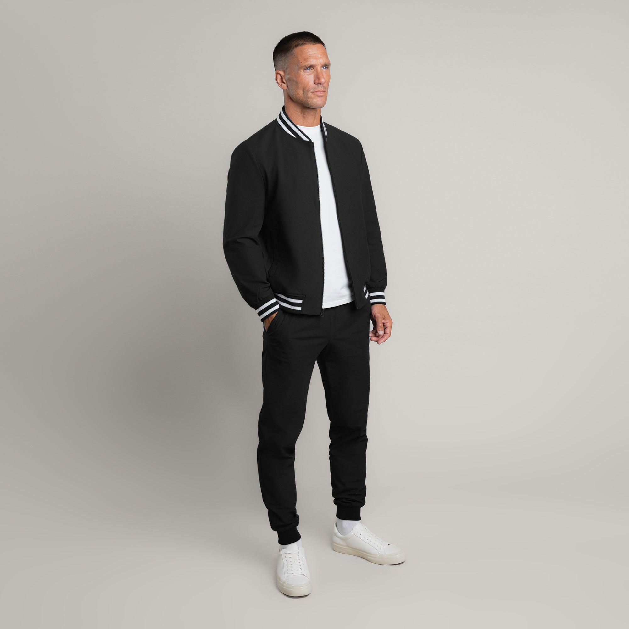 men's custom bomber jacket model Tyler in Varsity Black 