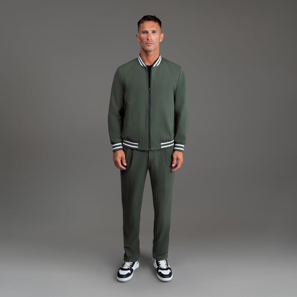 men's custom bomber jacket model Tyler in Varsity Moss