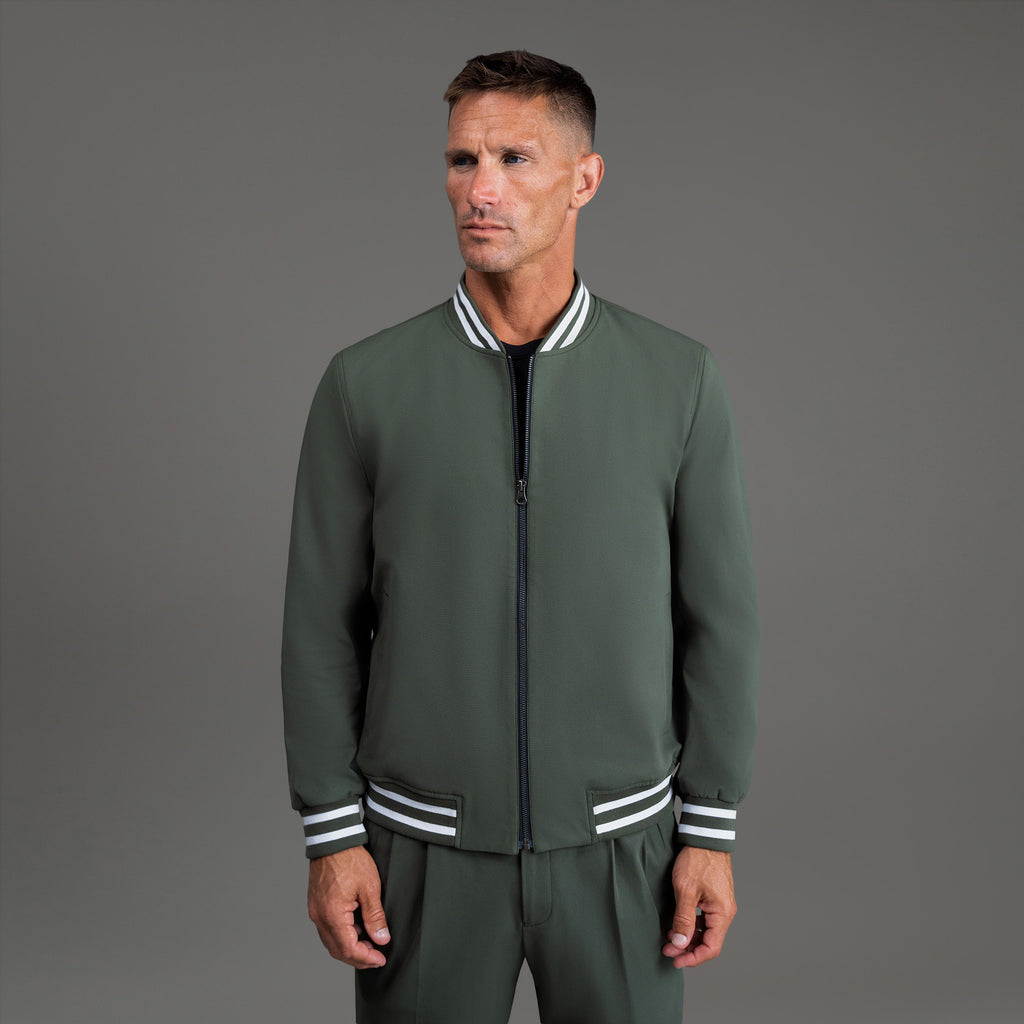 men's custom bomber jacket model Tyler in Varsity Moss