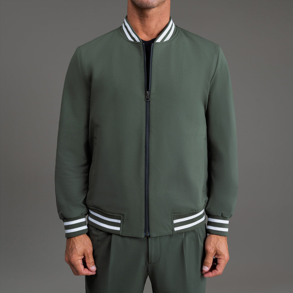 men's custom bomber jacket model Tyler in Varsity Moss