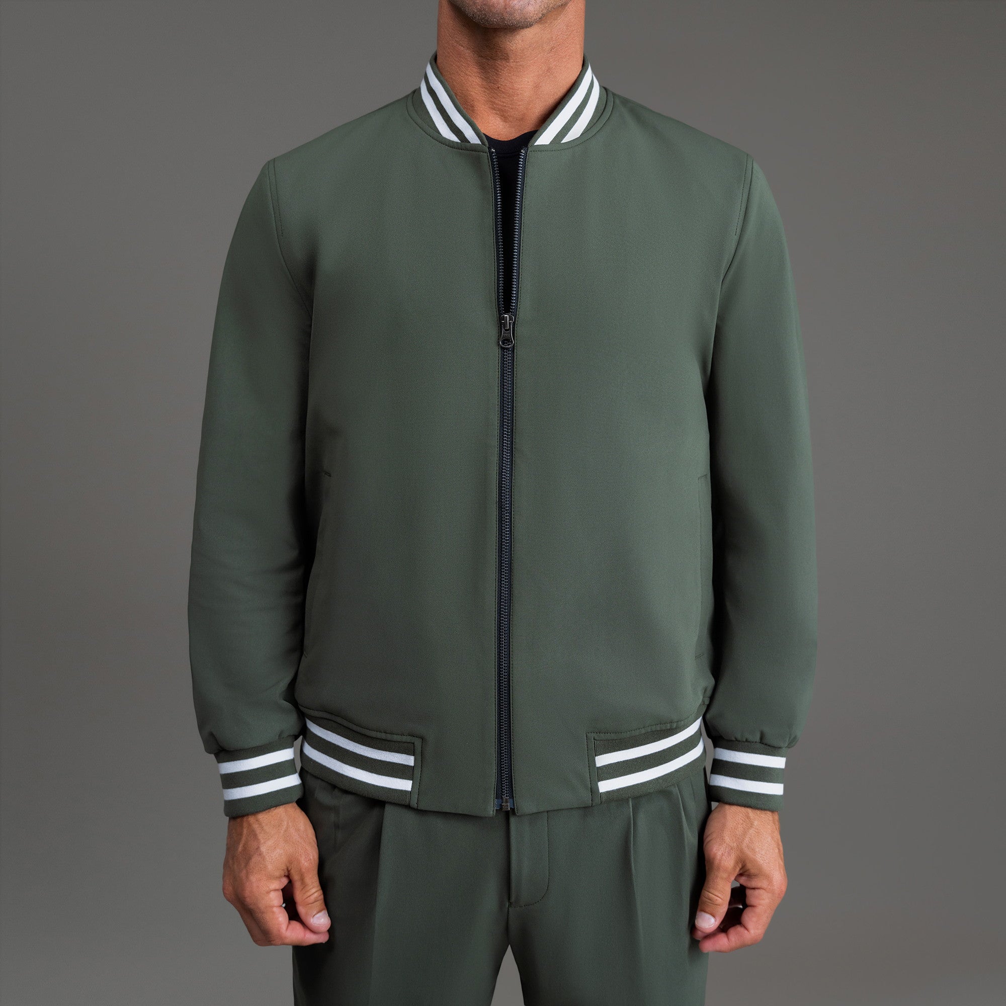 men's custom bomber jacket model Tyler in Varsity Moss