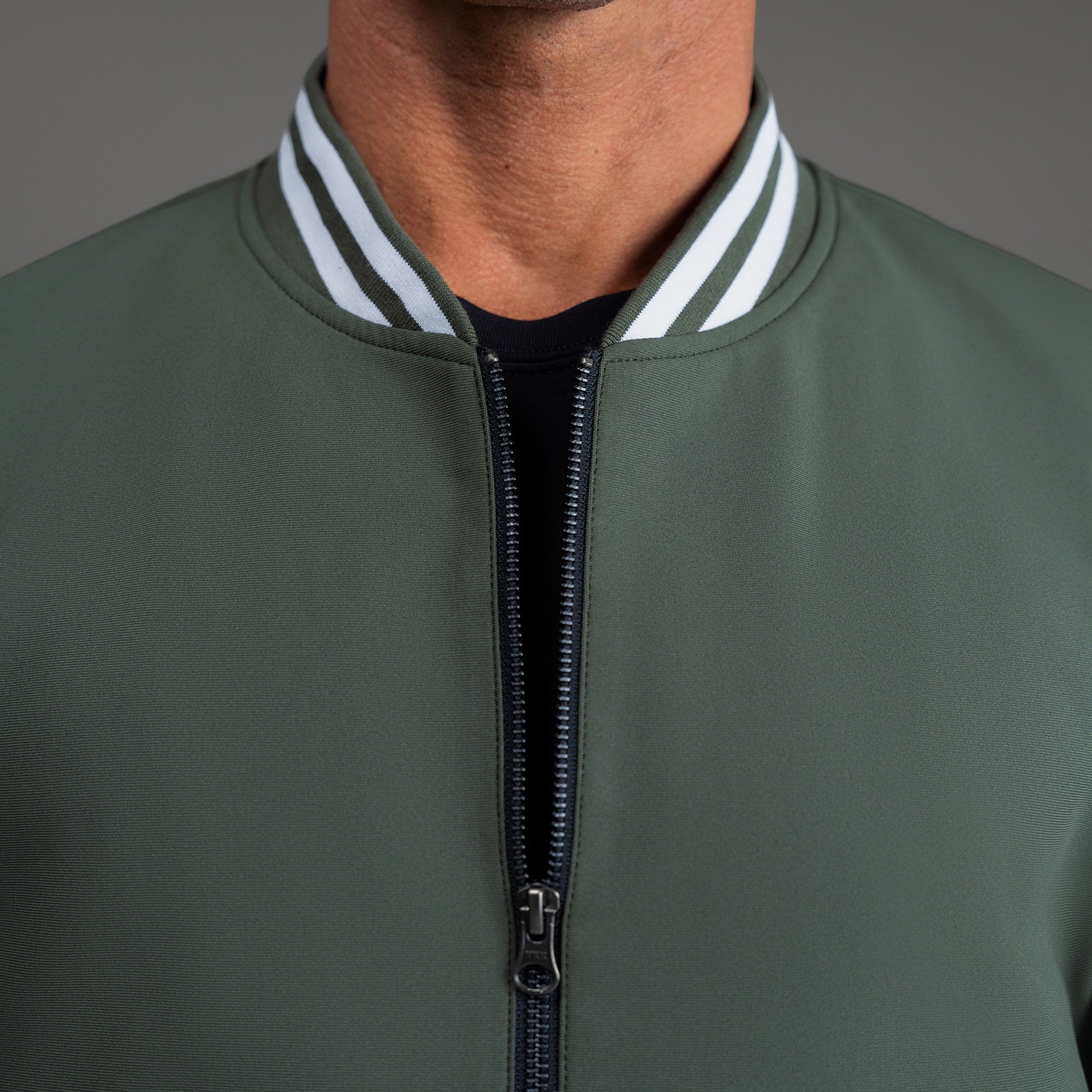 men's custom bomber jacket model Tyler in Varsity Moss