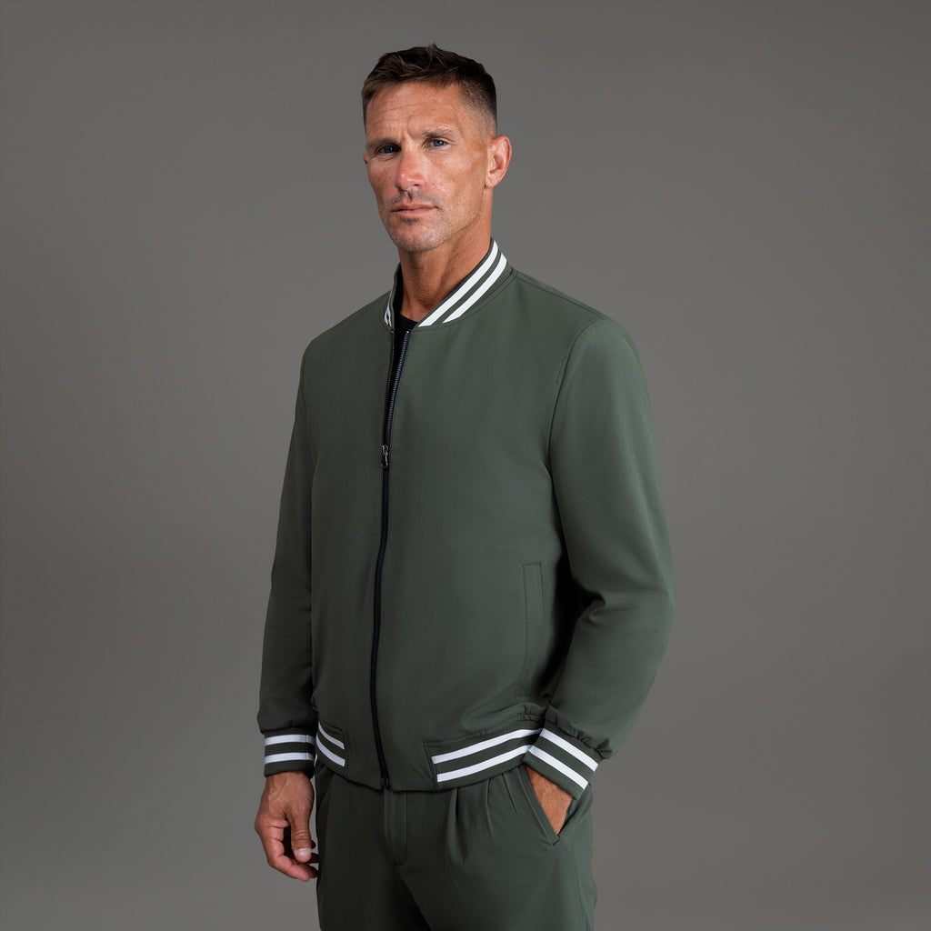 men's custom bomber jacket model Tyler in Varsity Moss
