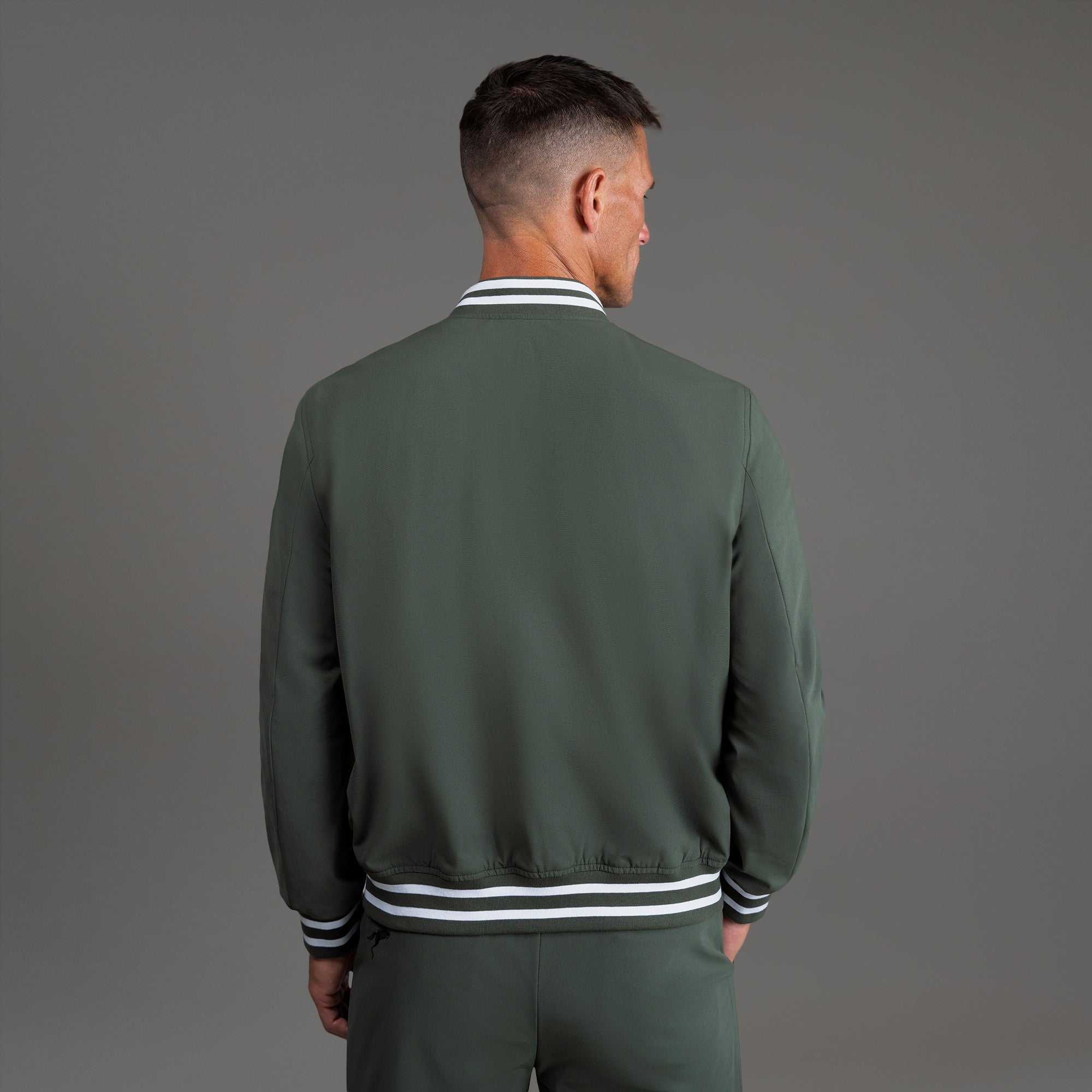 men's custom bomber jacket model Tyler in Varsity Moss