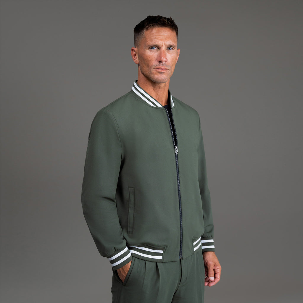 men's custom bomber jacket model Tyler in Varsity Moss