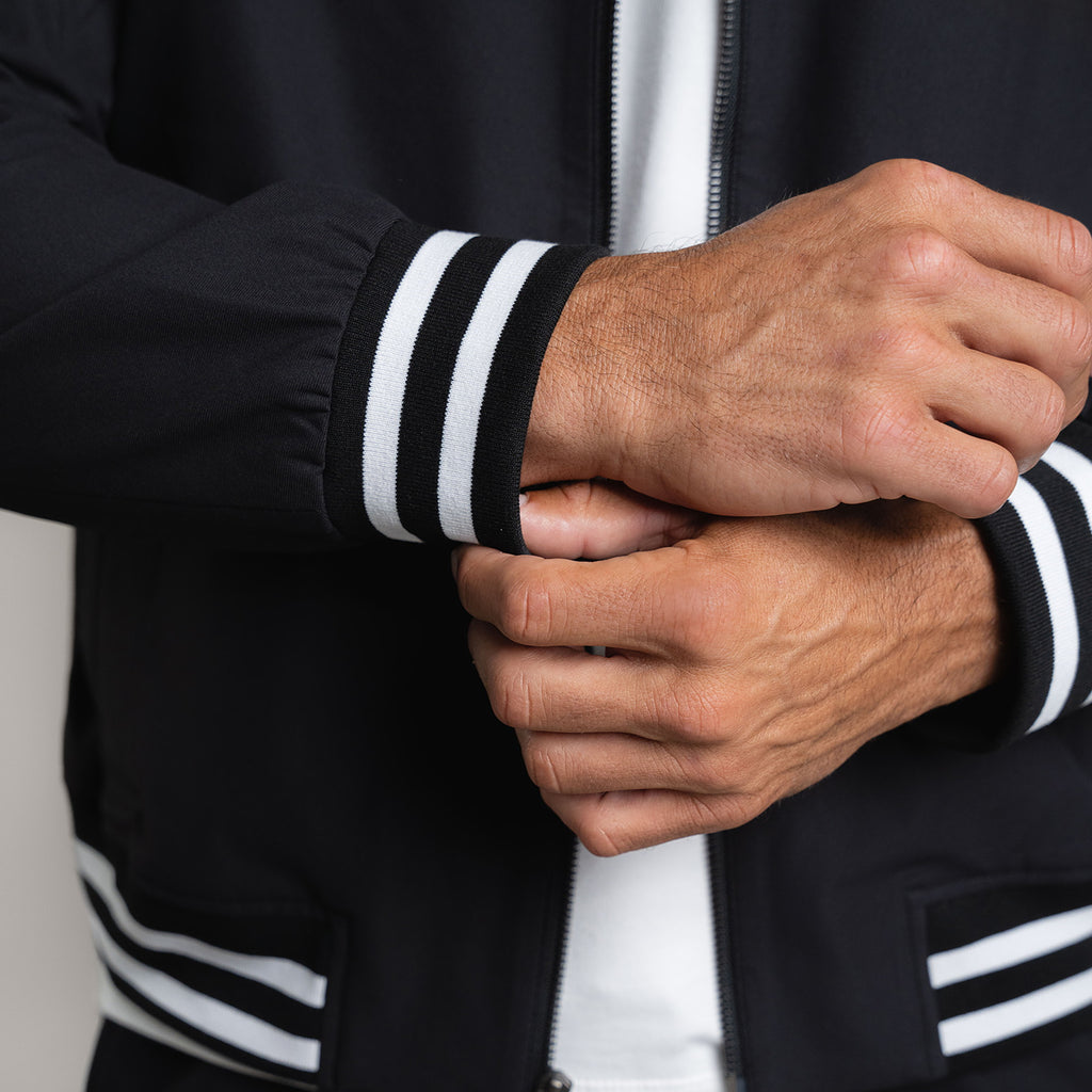 men's custom bomber jacket model Tyler in Enso Varsity Black 