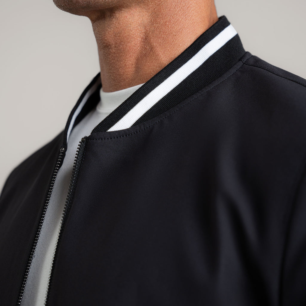 men's custom bomber jacket model Tyler in Enso Varsity Black 
