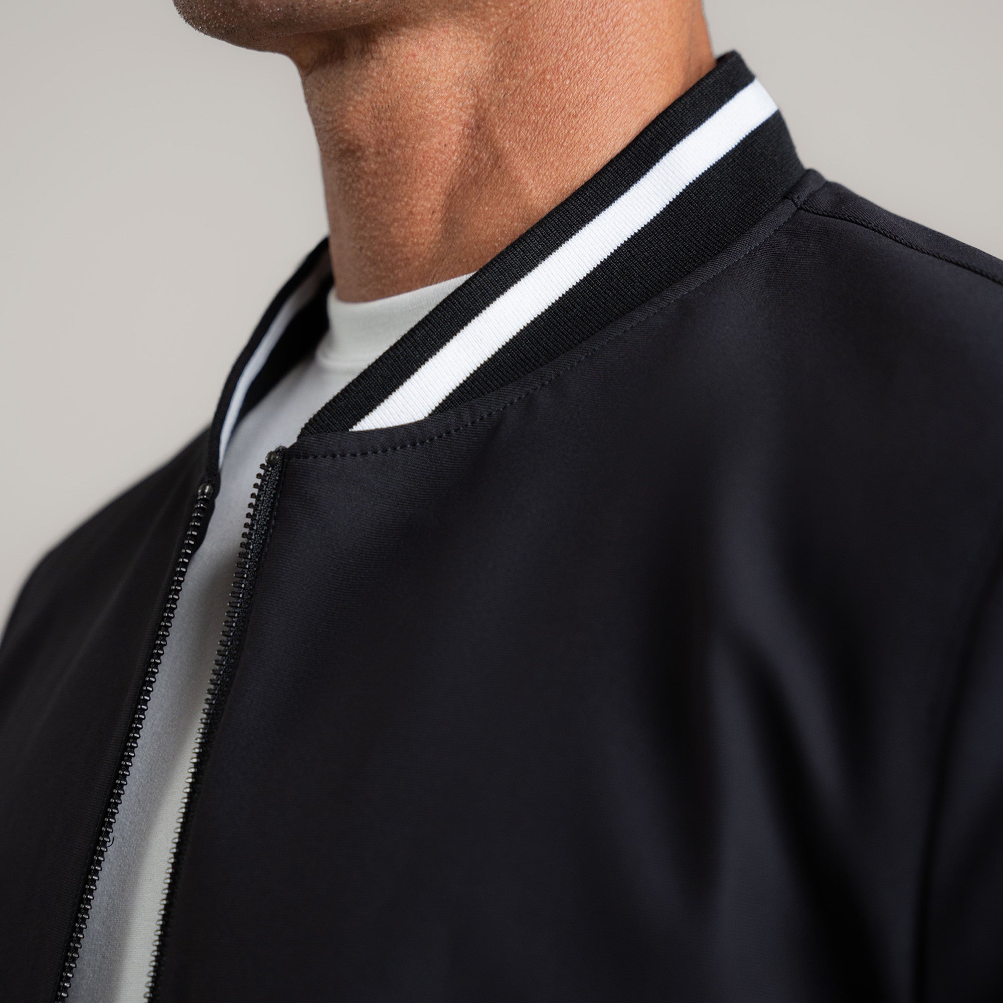 men's custom bomber jacket model Tyler in Enso Varsity Black 