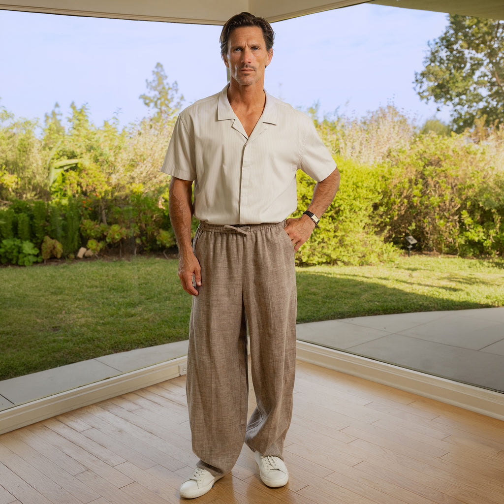 Drawstring Wide Leg Pant model tyler in Dark Brown
