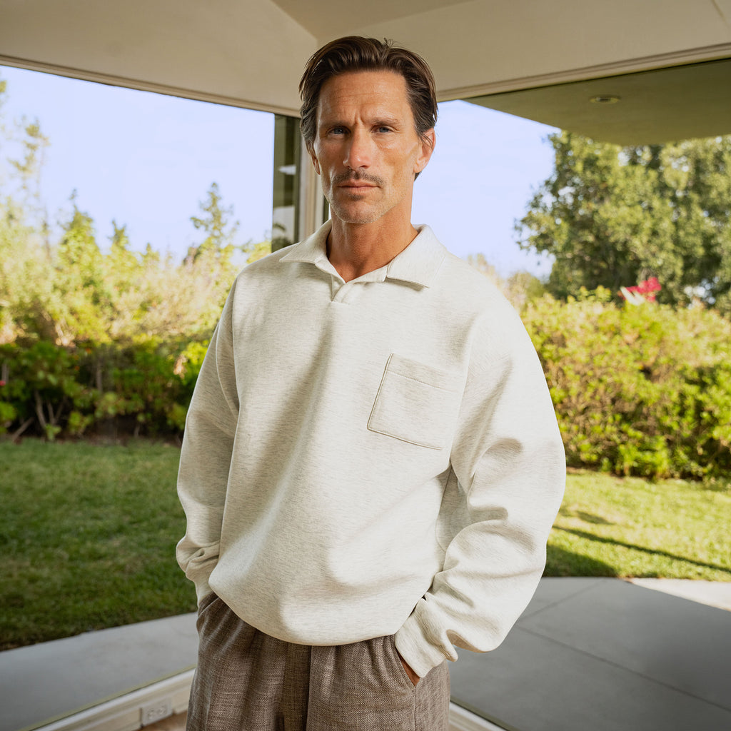Evening Pullover model tyler in light heather gray