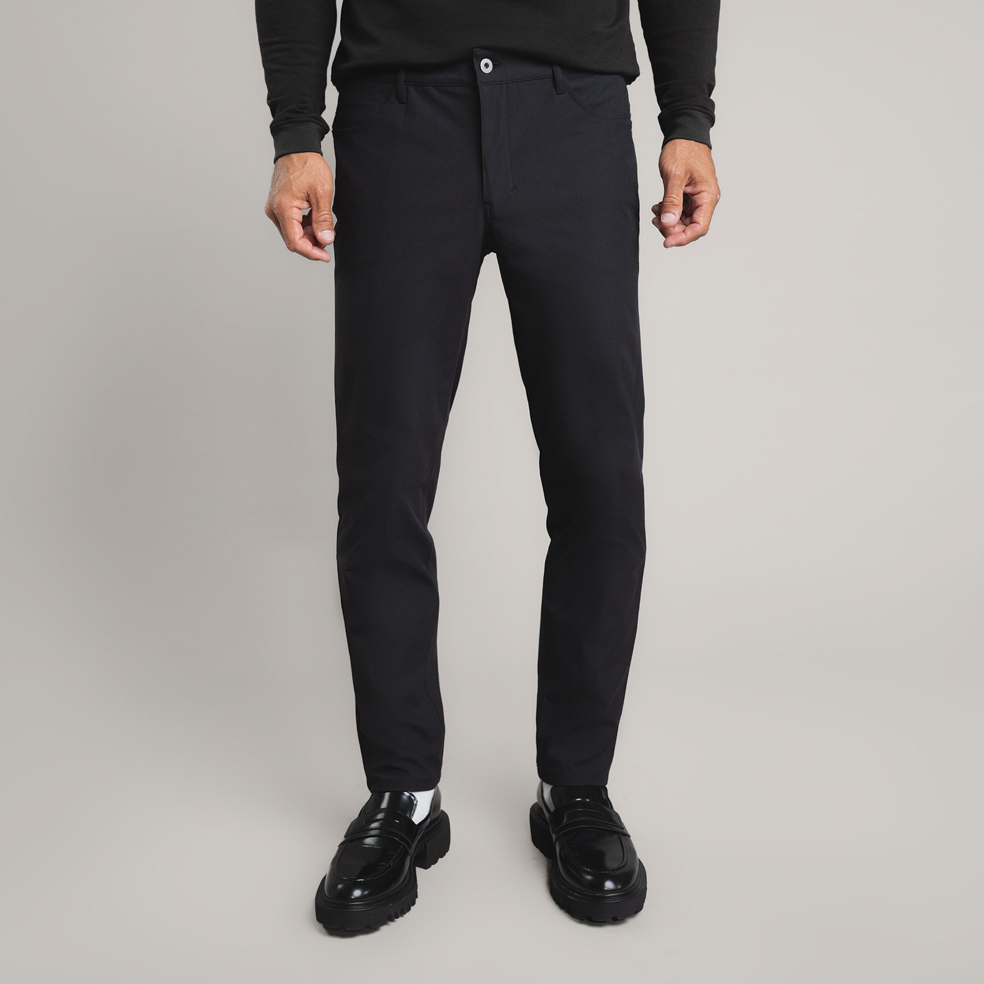 custom tech performance stretch pants model Tyler in Black
