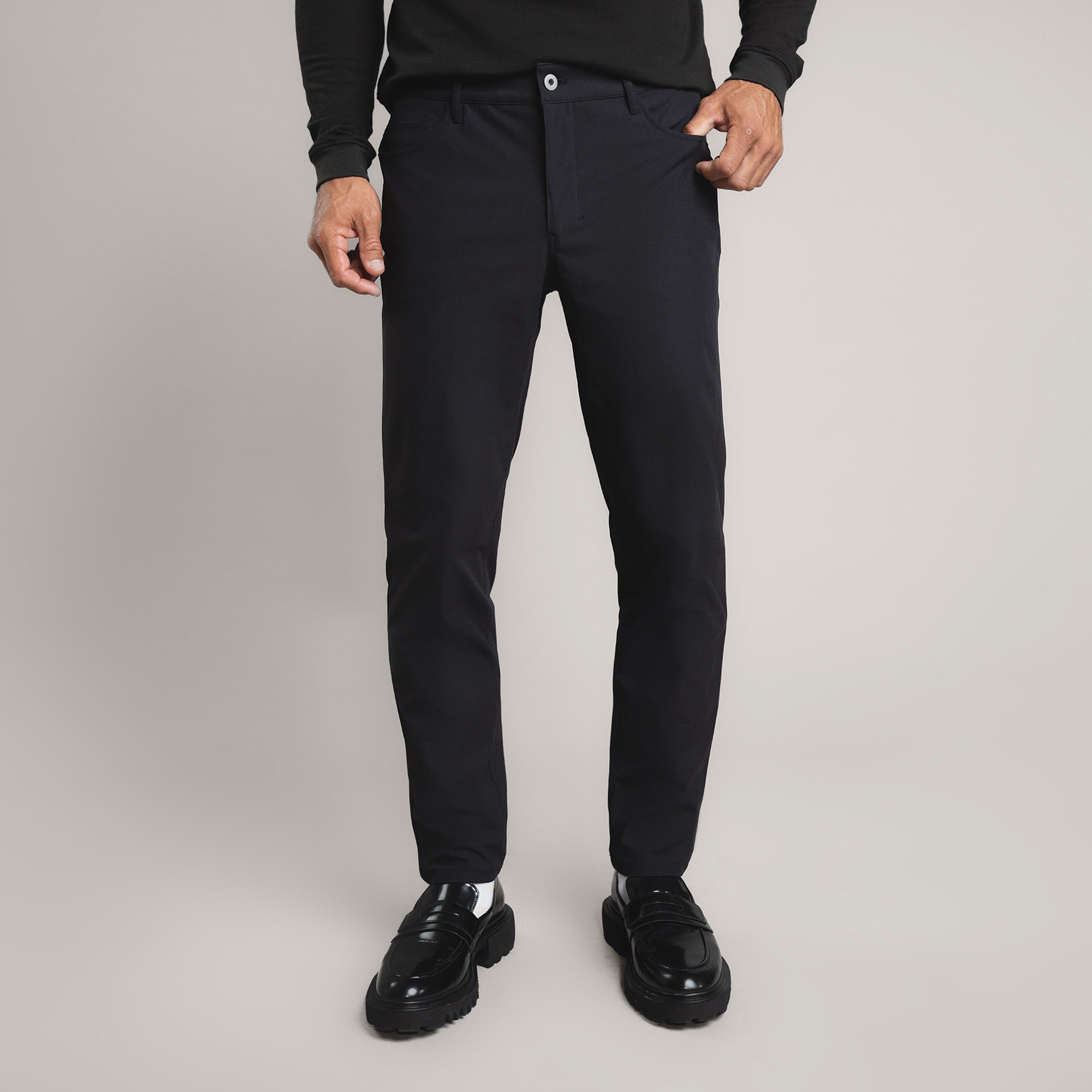 custom tech performance stretch pants model Tyler in Black