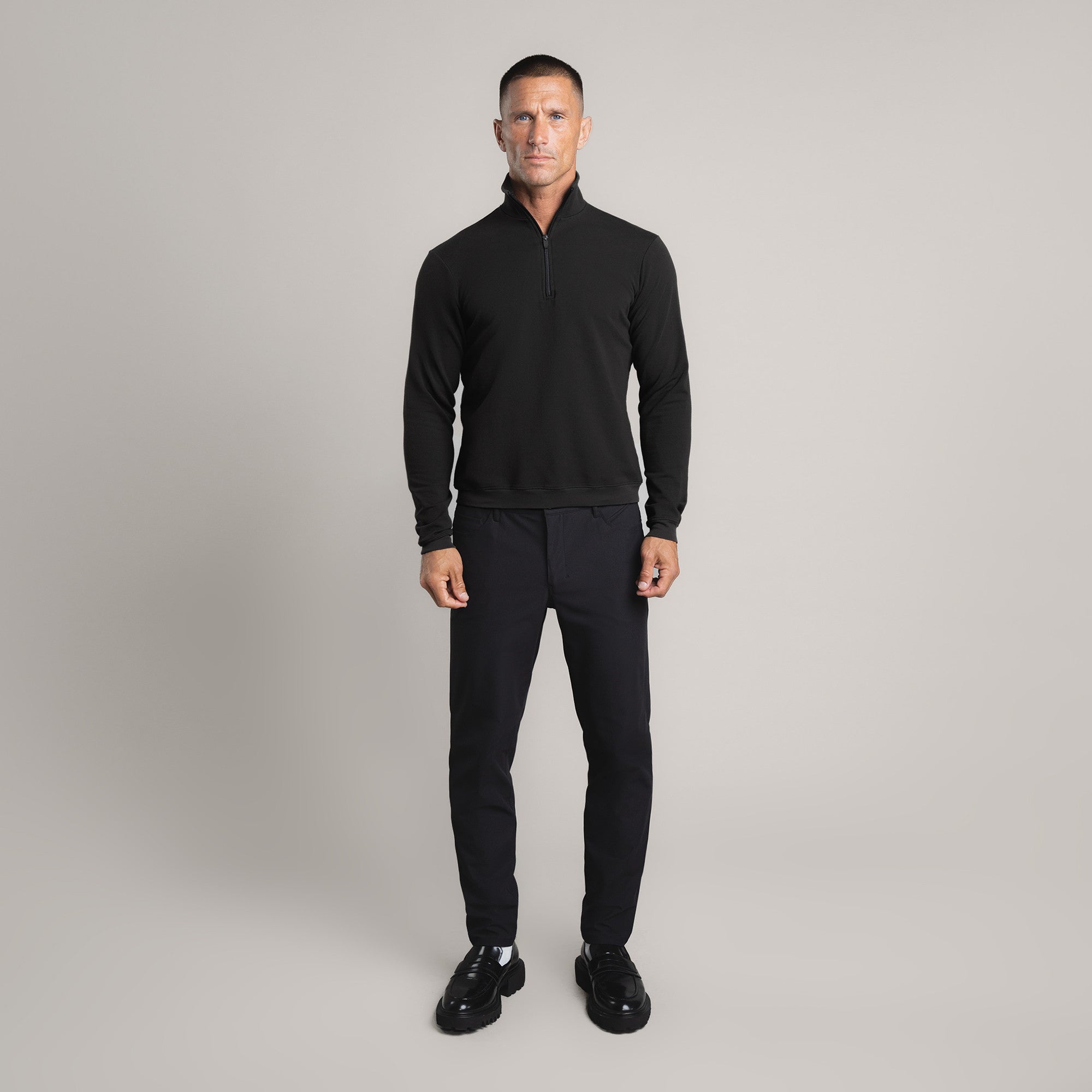 custom tech performance stretch pants model Tyler in Black