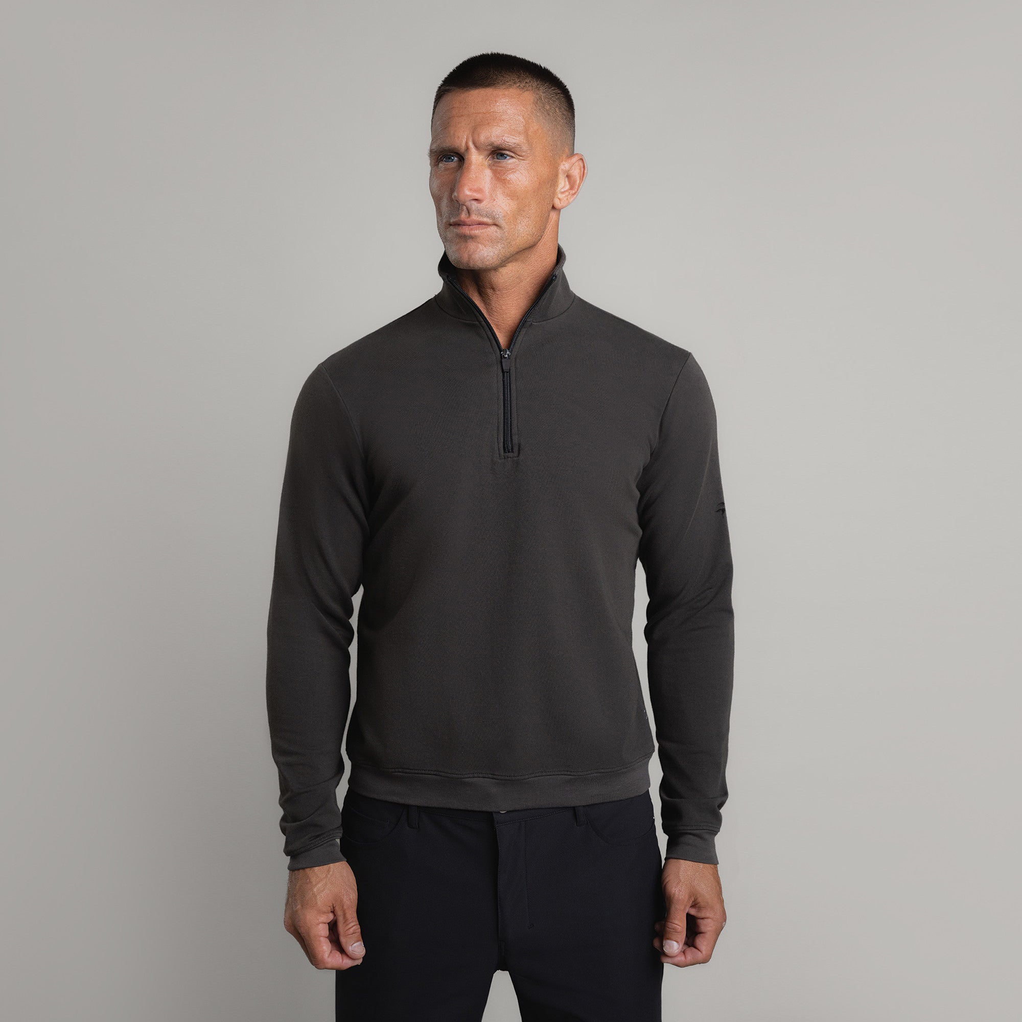 men's custom Quarter Zip model Tyler in Ash