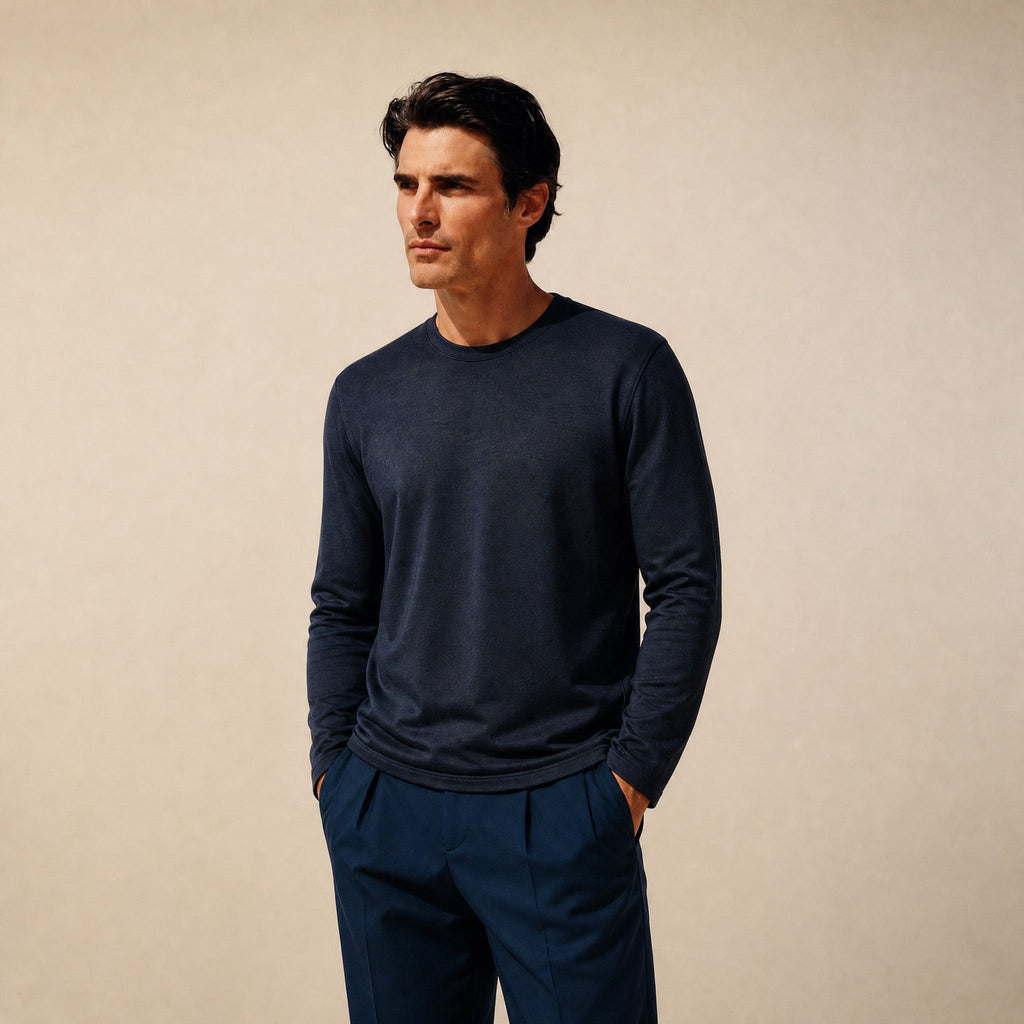 Merino Wool Long Sleeve T-Shirt model Matteo in Dark Navy
