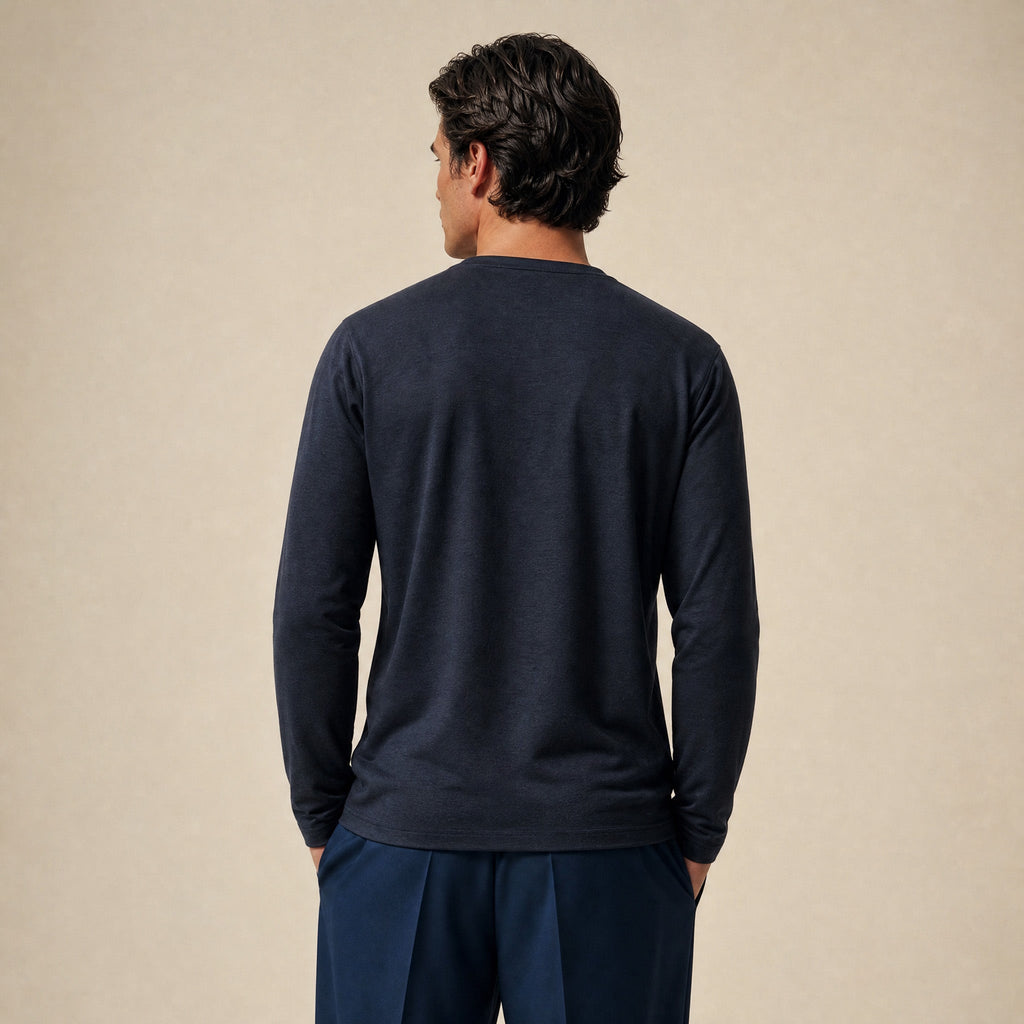 Merino Wool Long Sleeve T-Shirt model Matteo in Dark Navy