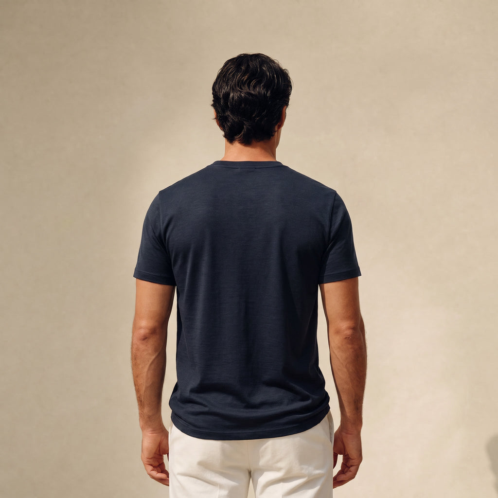 Merino Wool Crew Pocket T-Shirt in Dark Navy