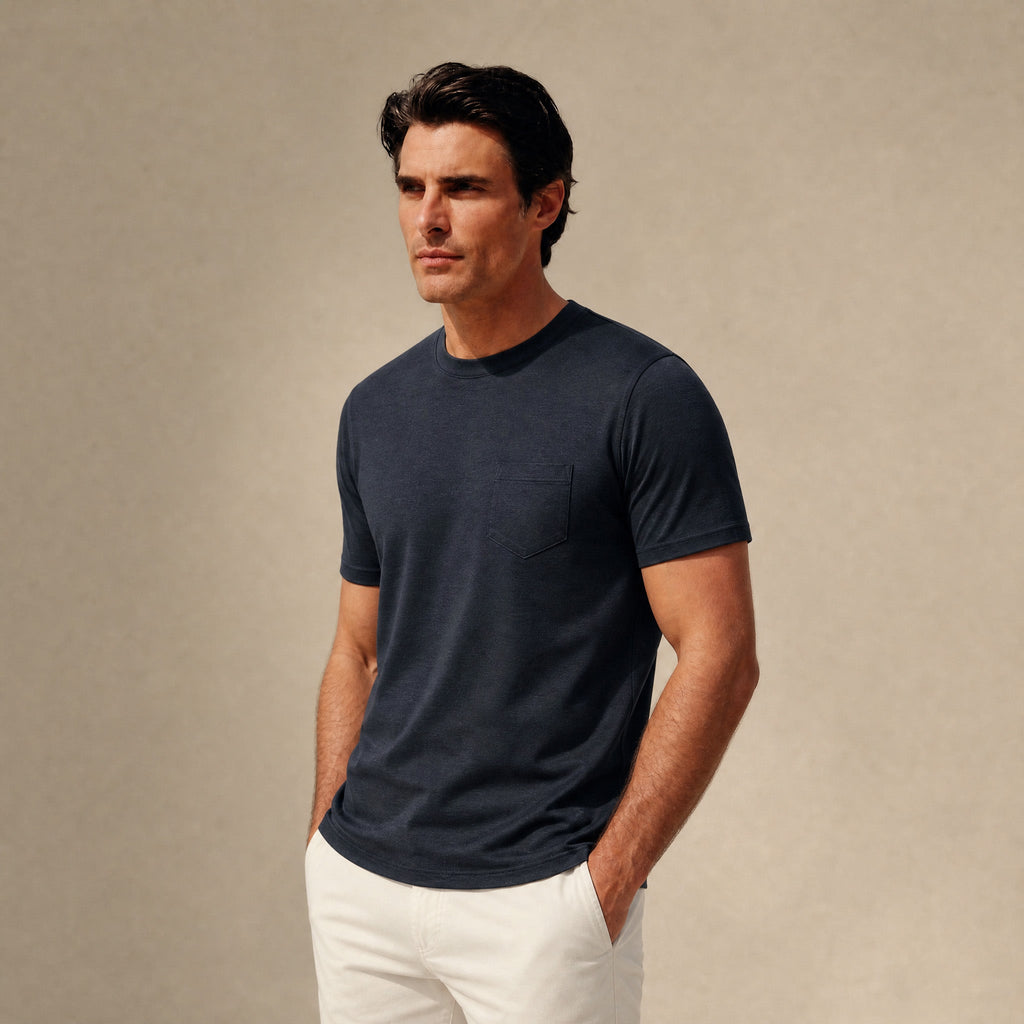 Merino Wool Crew Pocket T-Shirt in Dark Navy