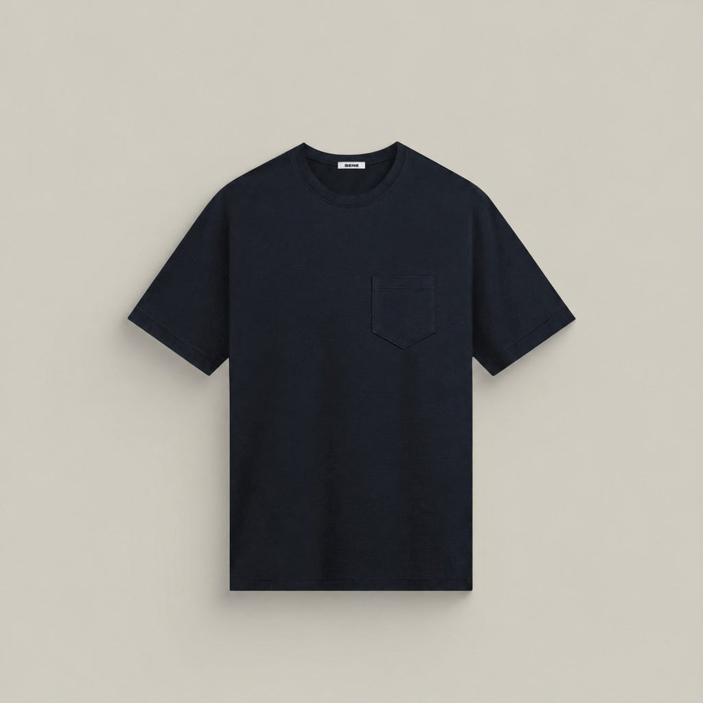 Merino Wool Crew Pocket T-Shirt in Dark Navy